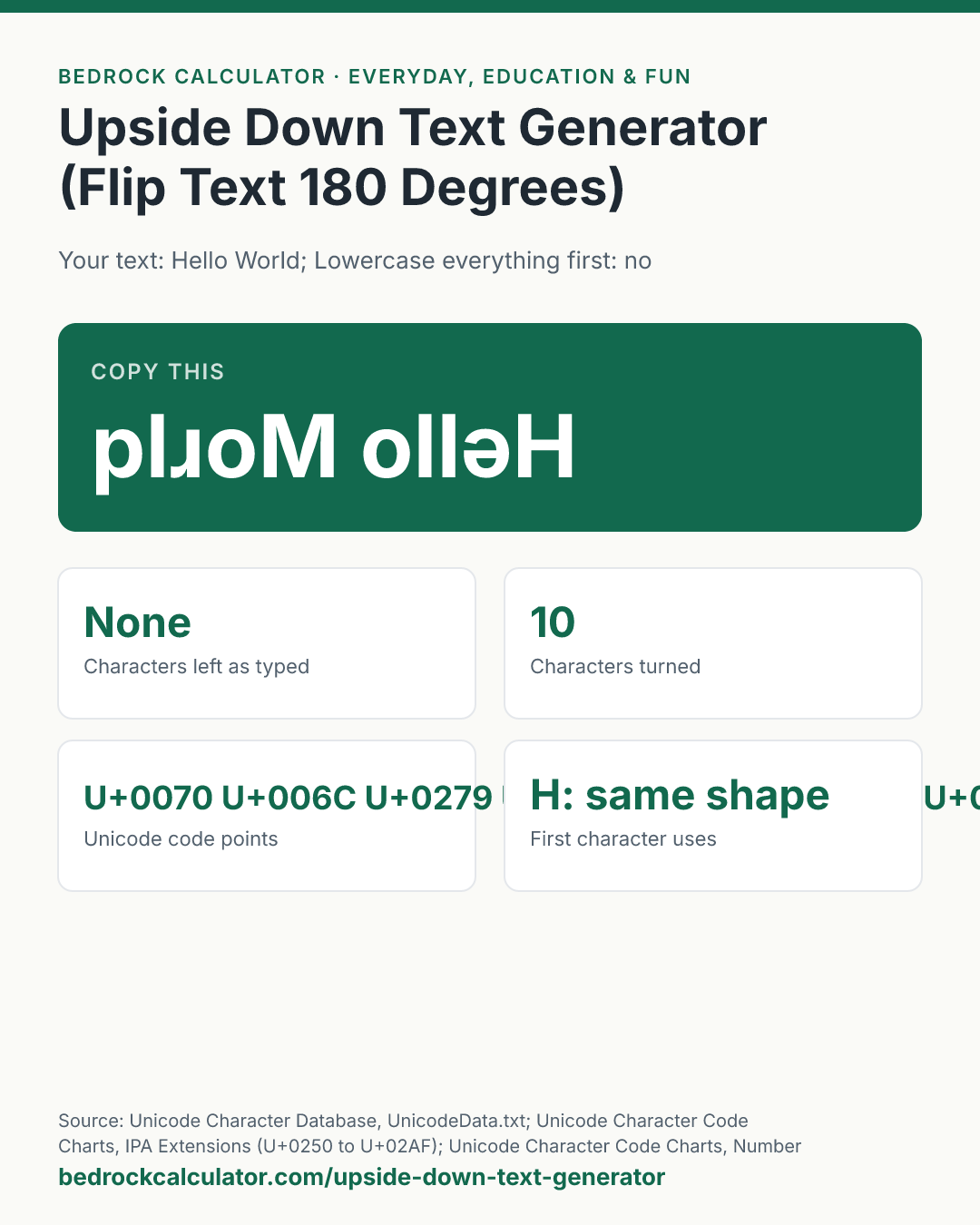 Upside Down Text Generator (Flip Text 180 Degrees): Copy this plɹoM ollǝH (Your text: Hello World; Lowercase everything first: no).