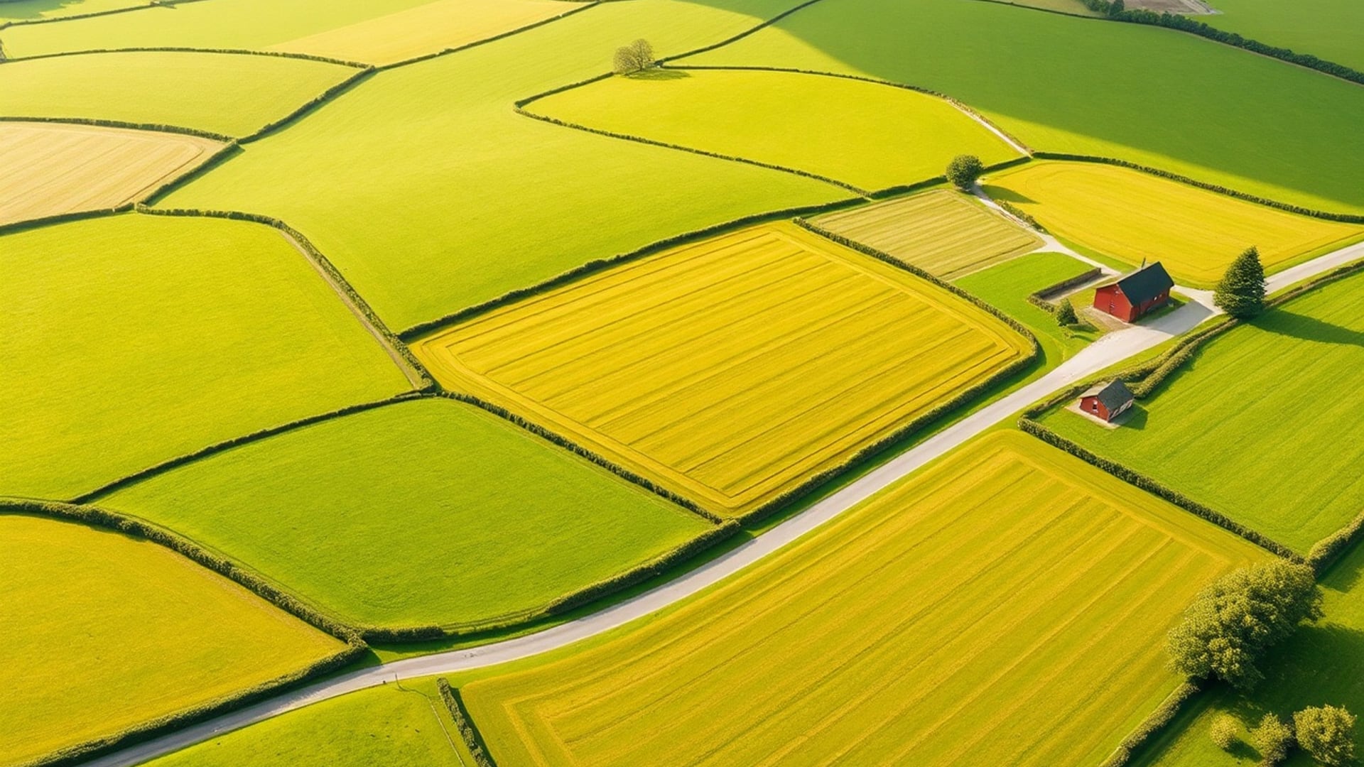 Illustration of rolling farmland seen from above, divided into rectangular fields by hedgerows, with a red barn