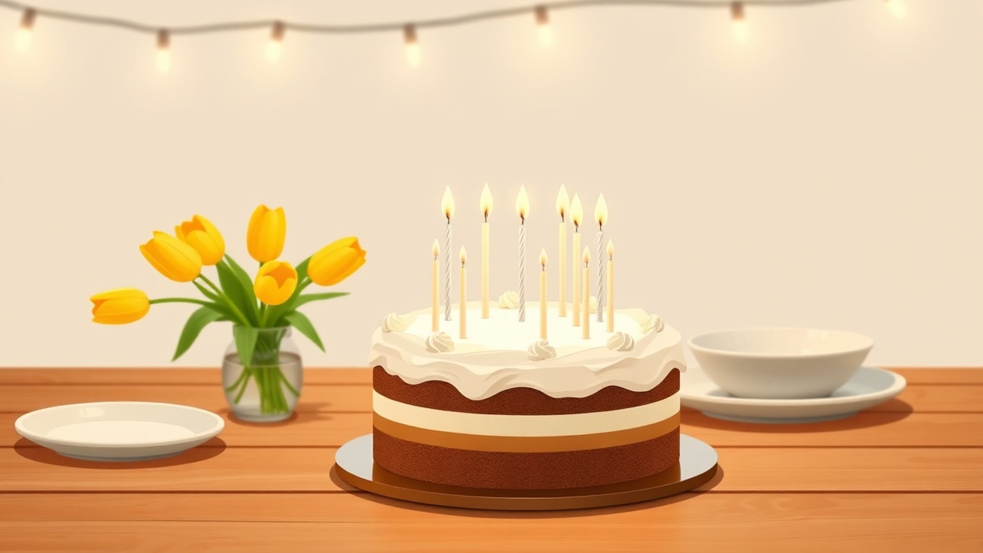 Illustration of a frosted birthday cake with lit candles beside yellow tulips, plates and a bowl on a wooden table