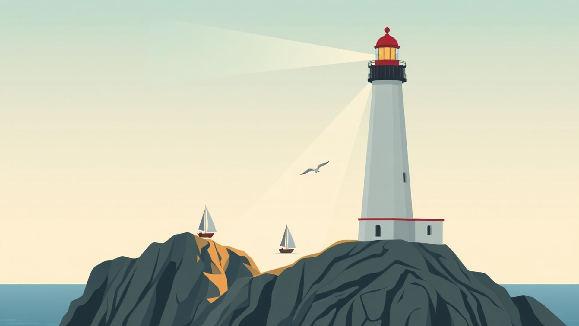 Illustration of a lighthouse on a dark rocky headland, its beam slanting across the sky, with two small sailboats