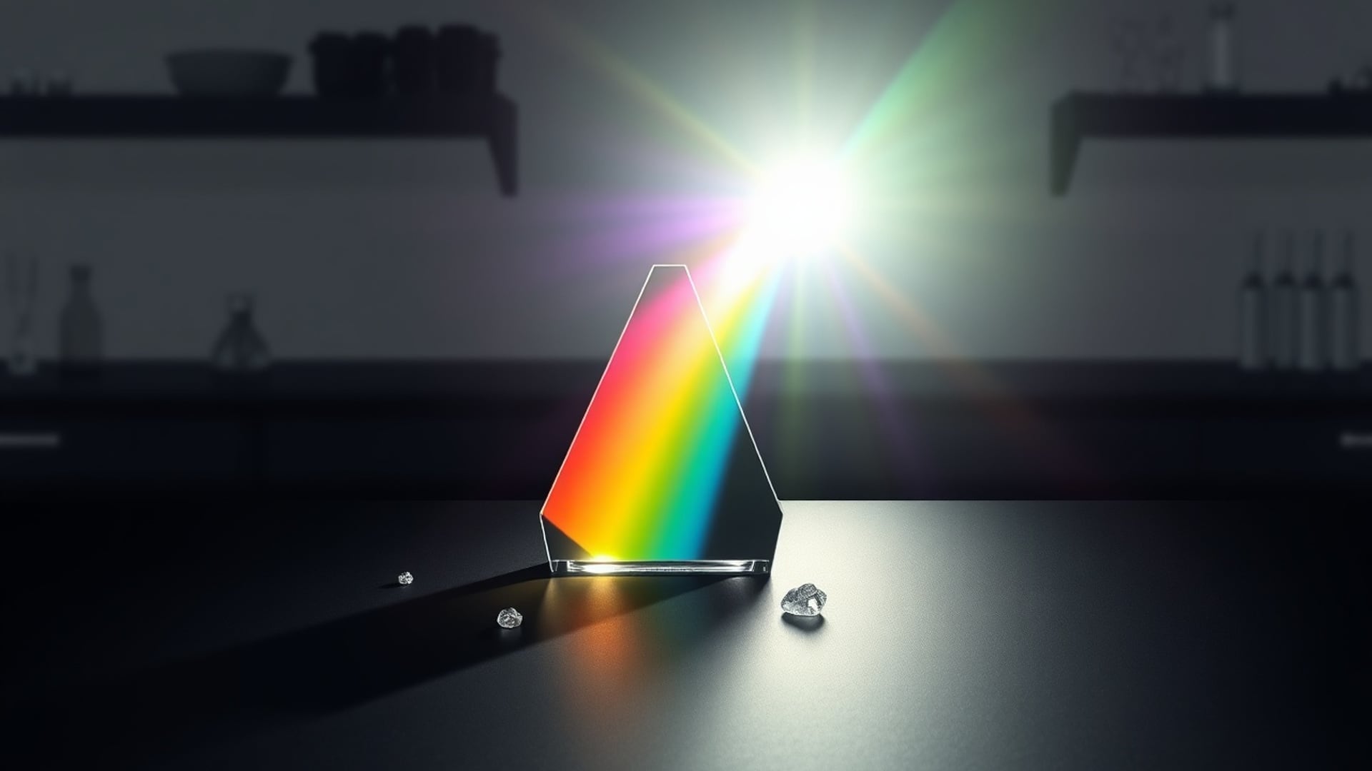 Illustration of a glass prism on a dark bench splitting a beam of white light into a rainbow