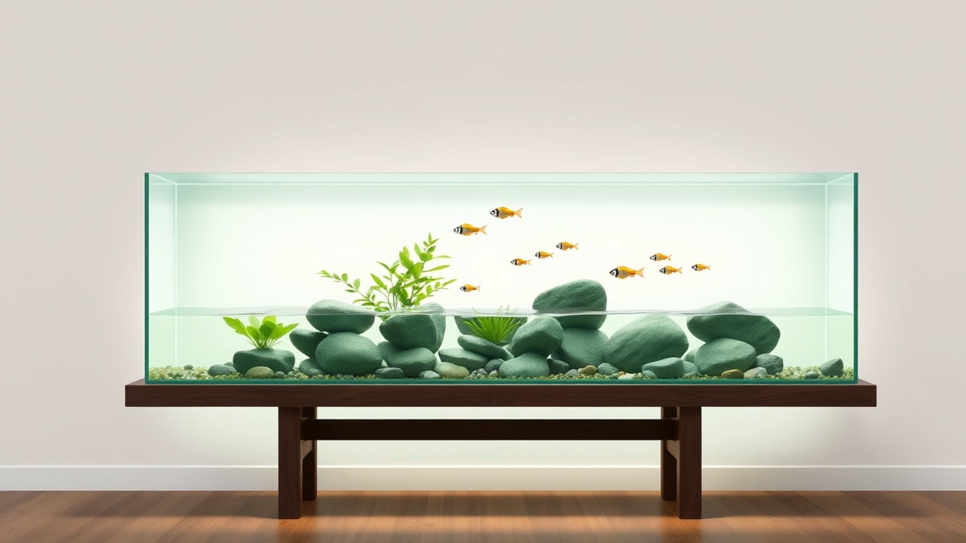 Illustration of a long glass aquarium with green stones, plants and small fish on a dark wooden stand