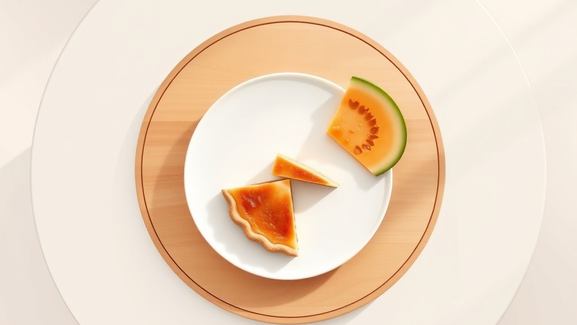 Illustration of two pie slices and a wedge of melon on a white plate set on a round wooden board