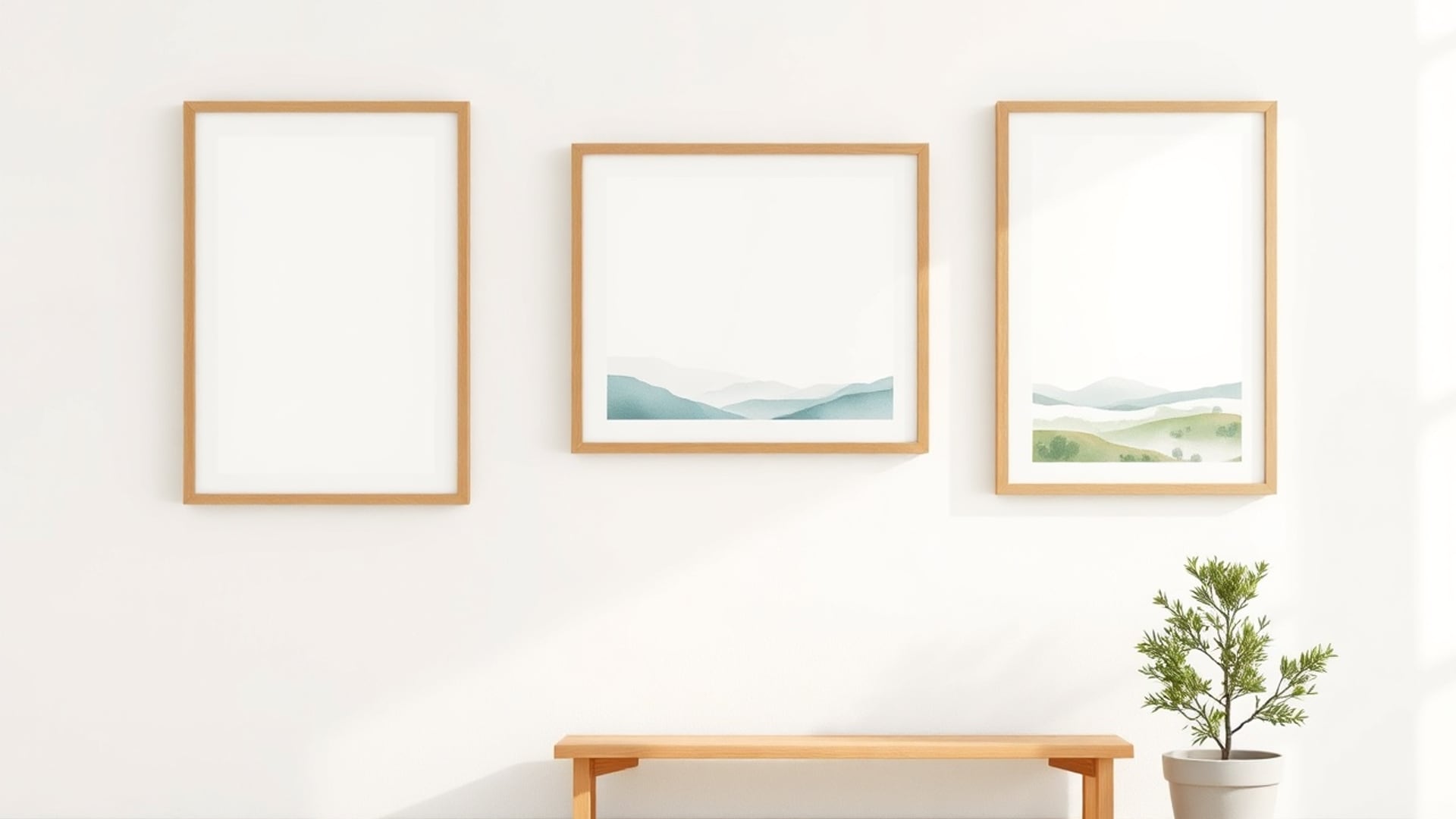 Illustration of three wooden frames, two holding watercolor hills, on a white wall above a bench and a potted tree