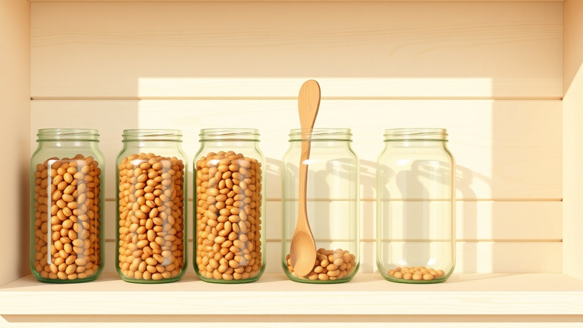 Illustration of five glass jars of beans at different fill heights in a row on a wooden shelf