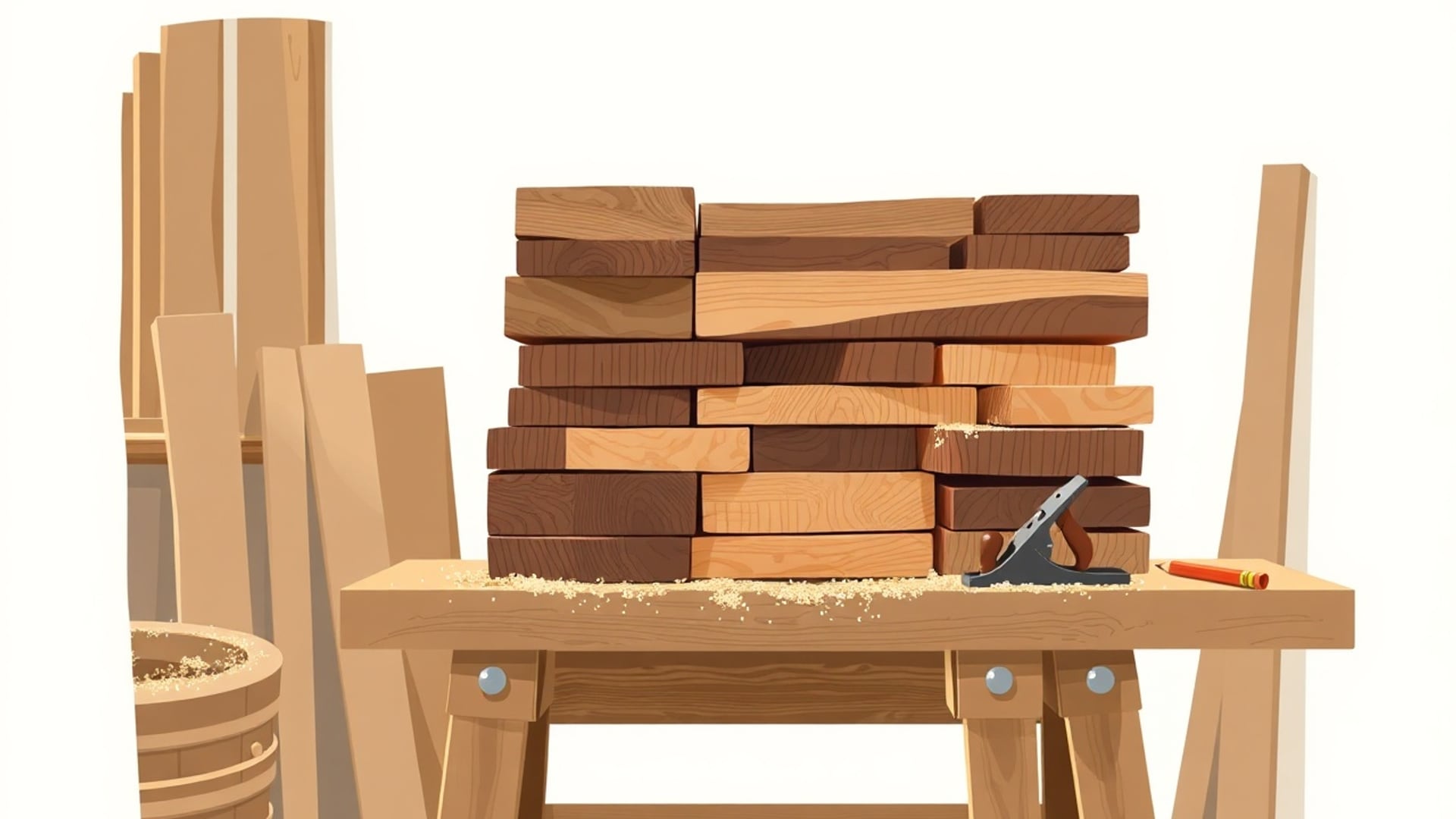 Illustration of rough-sawn walnut, oak and maple planks stacked on sawhorses in a woodshop with a hand plane