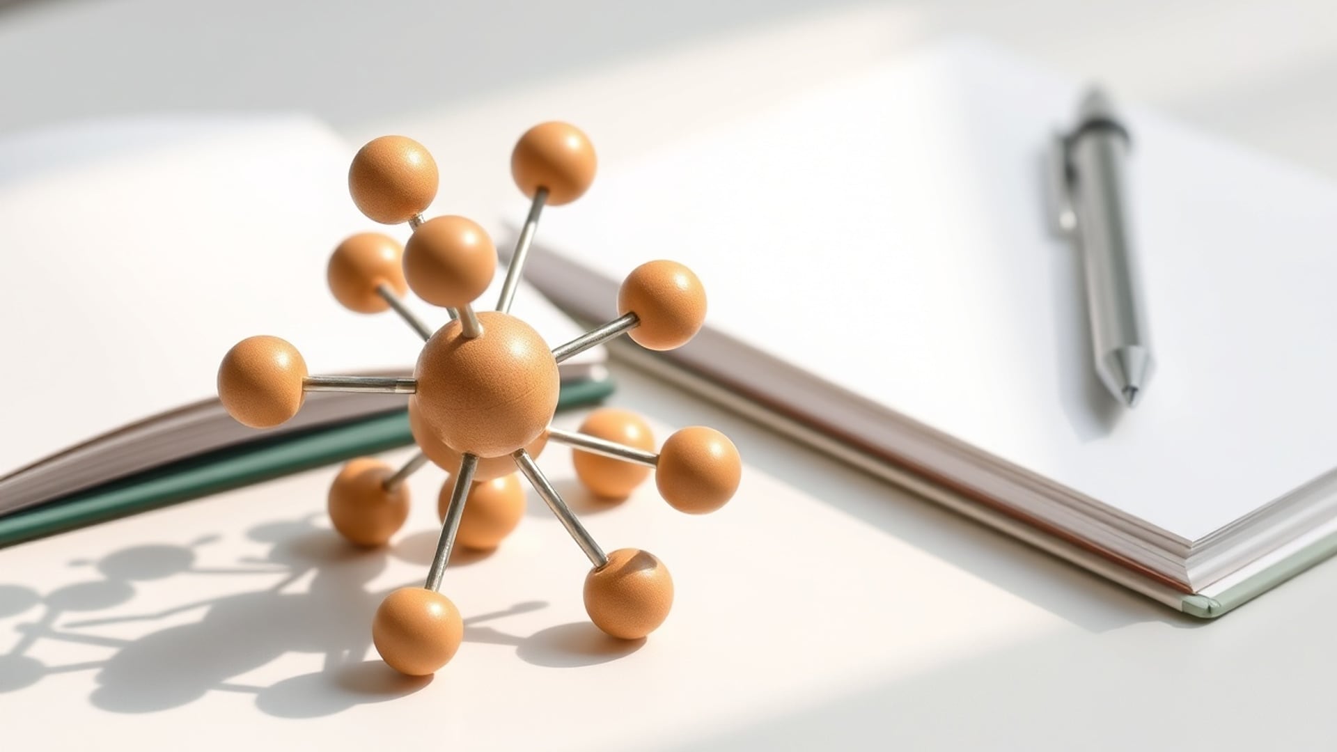 Illustration of a wooden ball and stick molecular model beside an open notebook and a pen on a desk