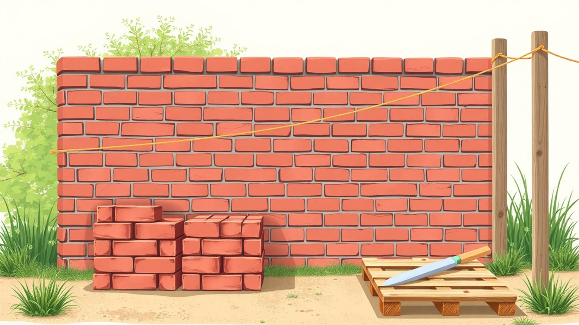 Illustration of a red brick wall with stacks of bricks, a trowel on a pallet and a string line between two posts