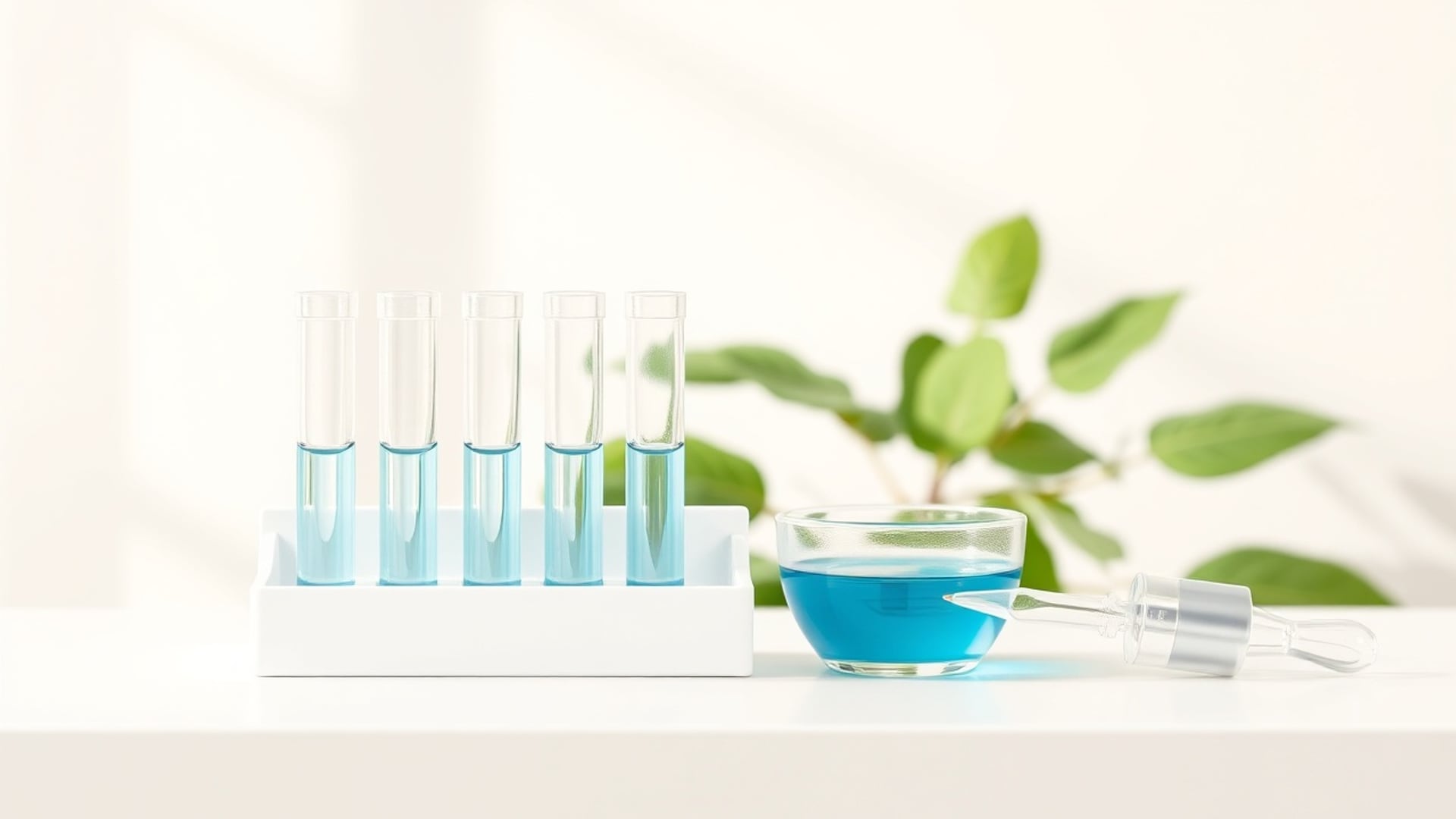Illustration of glass test tubes of blue liquid in a white rack beside a glass dish and dropper, with green leaves