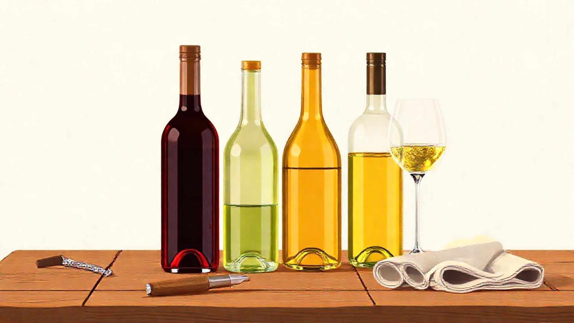 Illustration of four plain glass bottles of red, green and amber drinks with a wine glass and corkscrew on a wooden table