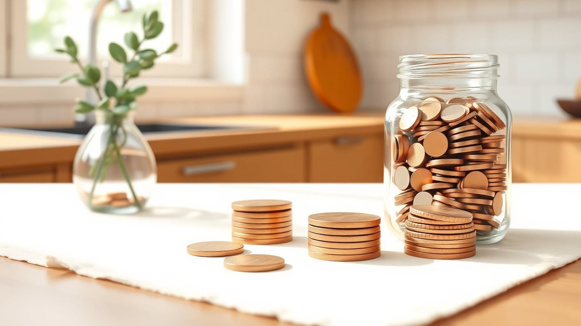 Illustration of a glass jar of copper coins on a kitchen table, with short stacks of coins and a vase of eucalyptus