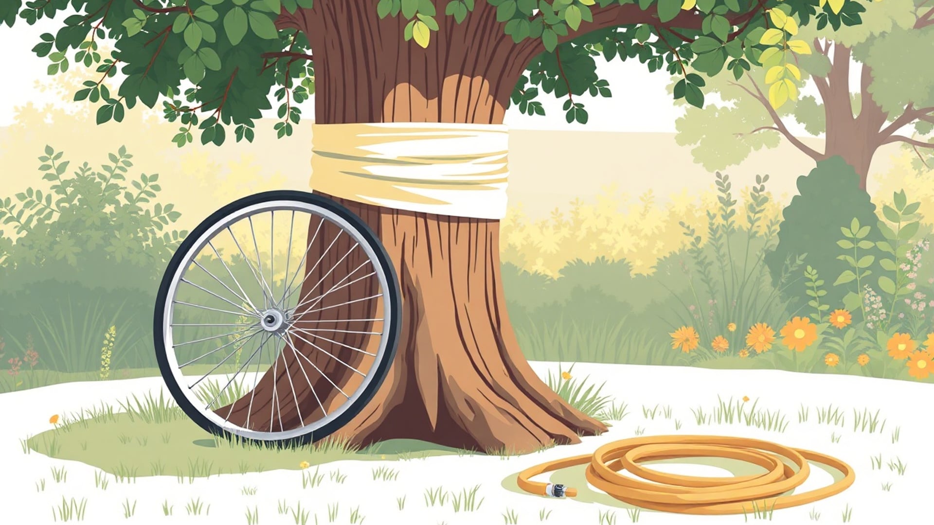 Illustration of a tree trunk wrapped in a cloth band, a bicycle wheel leaning on it and a coiled hose on the grass