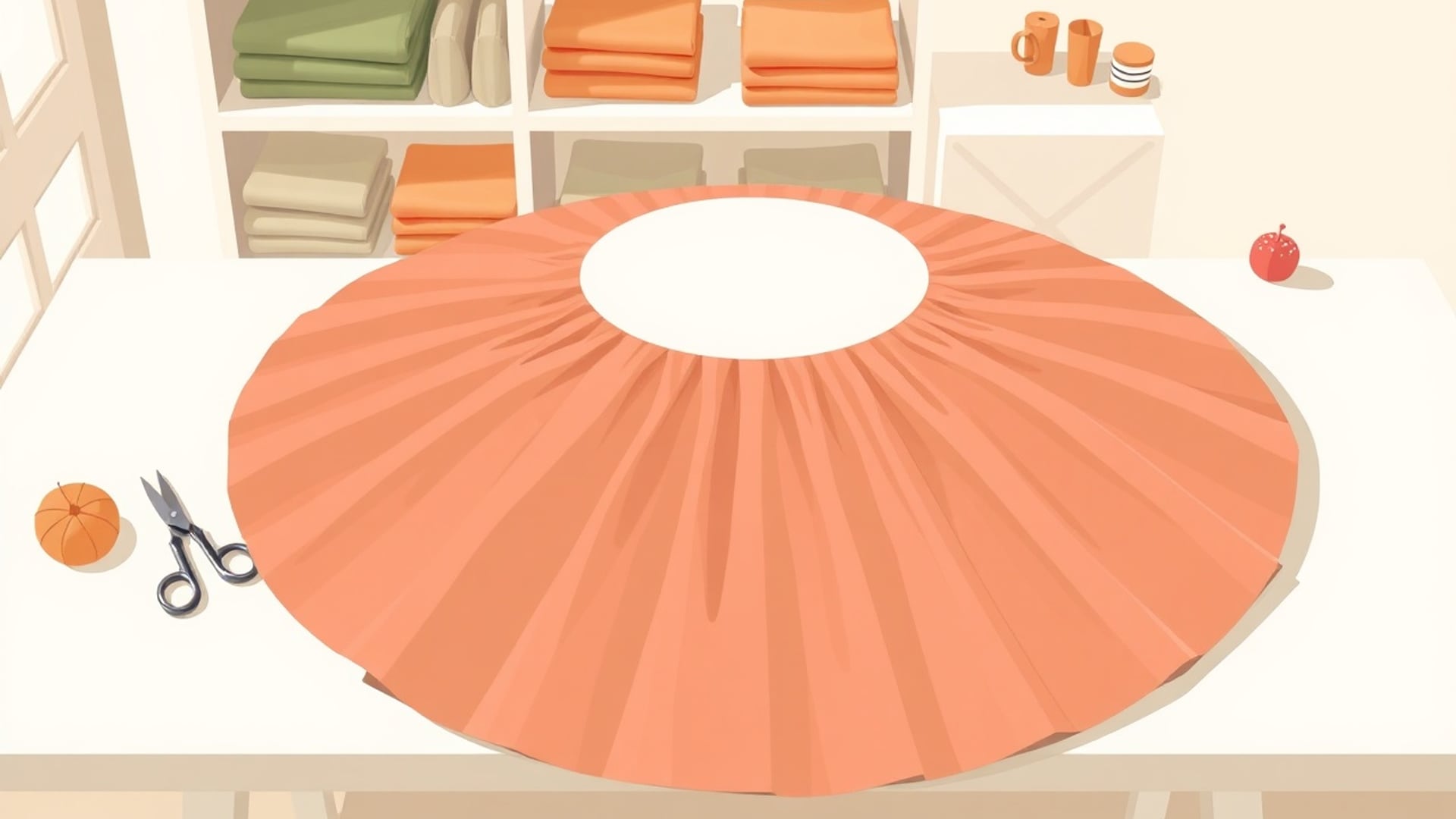 Illustration of a coral circle skirt laid flat as a ring on a cutting table beside shears and a pincushion