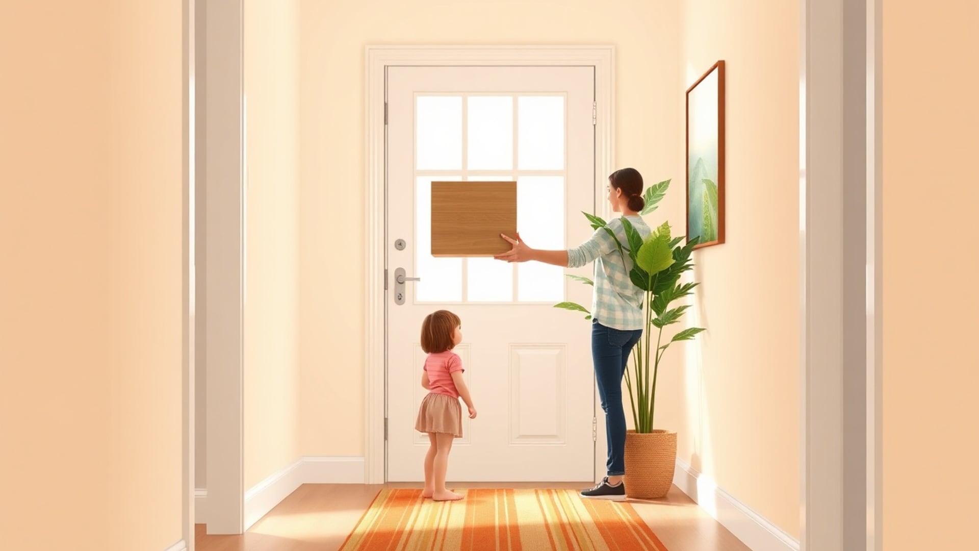 Illustration of a parent holding a wooden block by a door while a small child stands in a sunny hallway