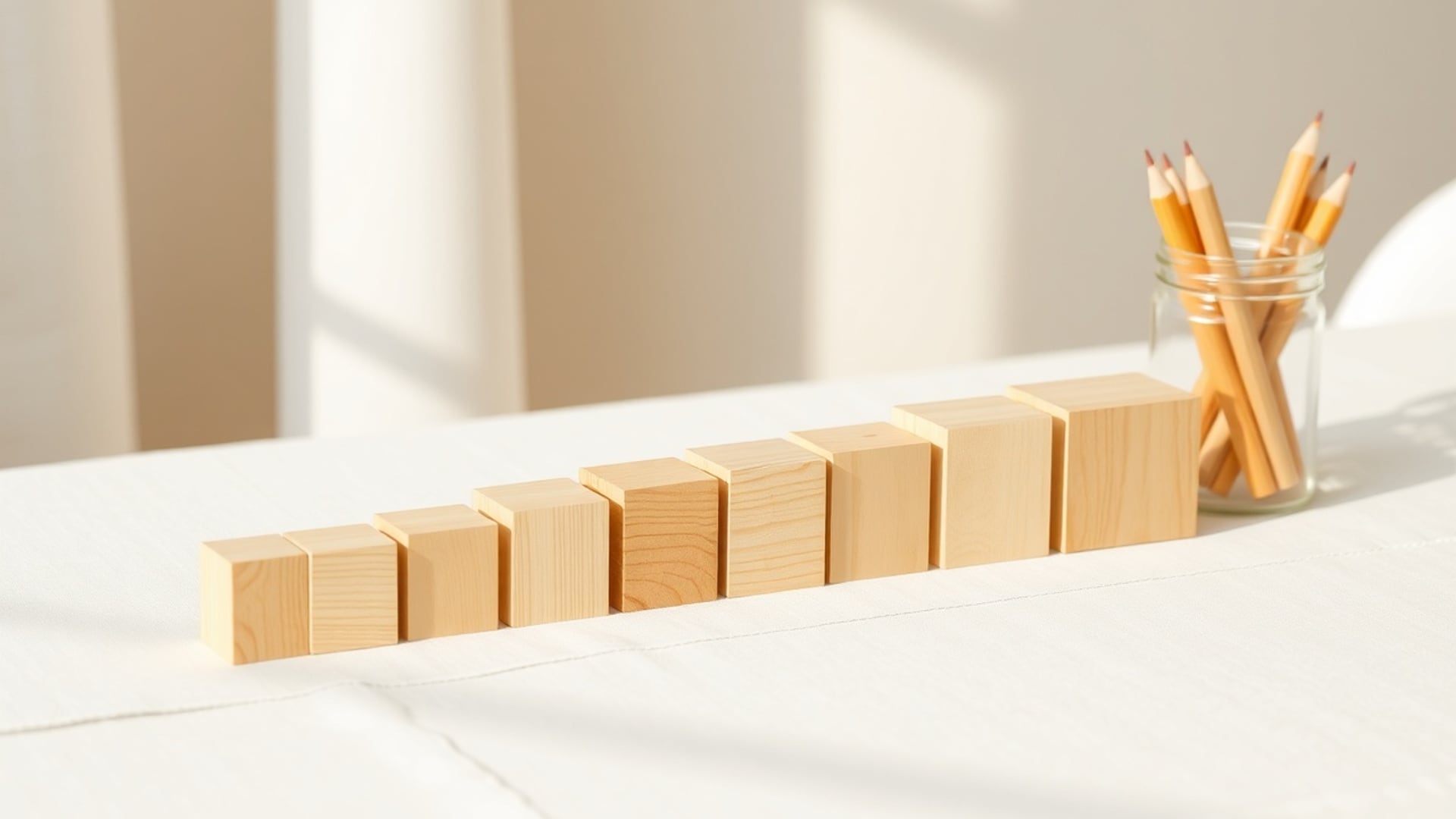Illustration of wooden blocks in graduated sizes lined up on a linen tablecloth beside a jar of pencils