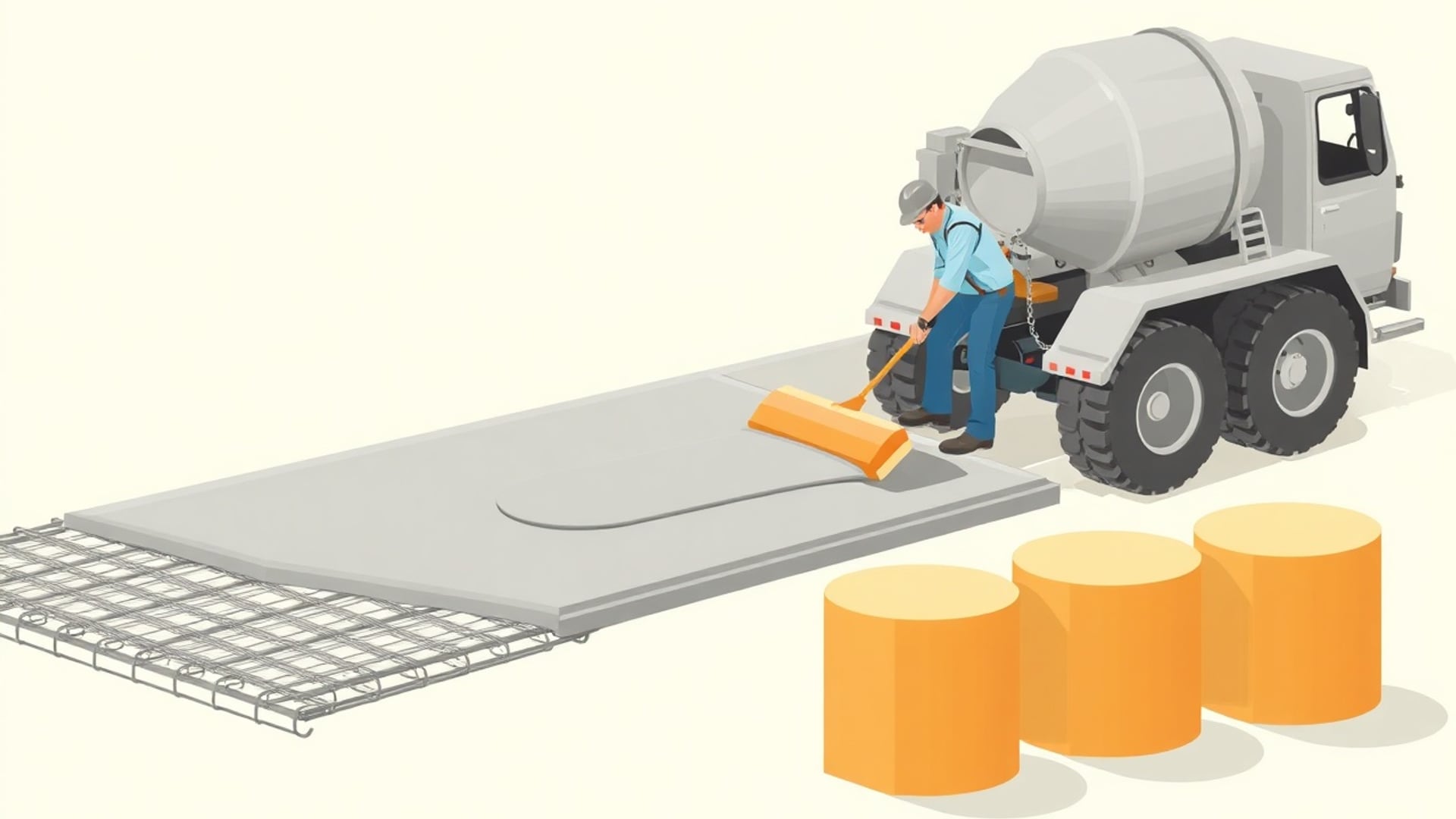 Illustration of a worker spreading a fresh concrete slab over rebar mesh beside a mixer truck and three column forms