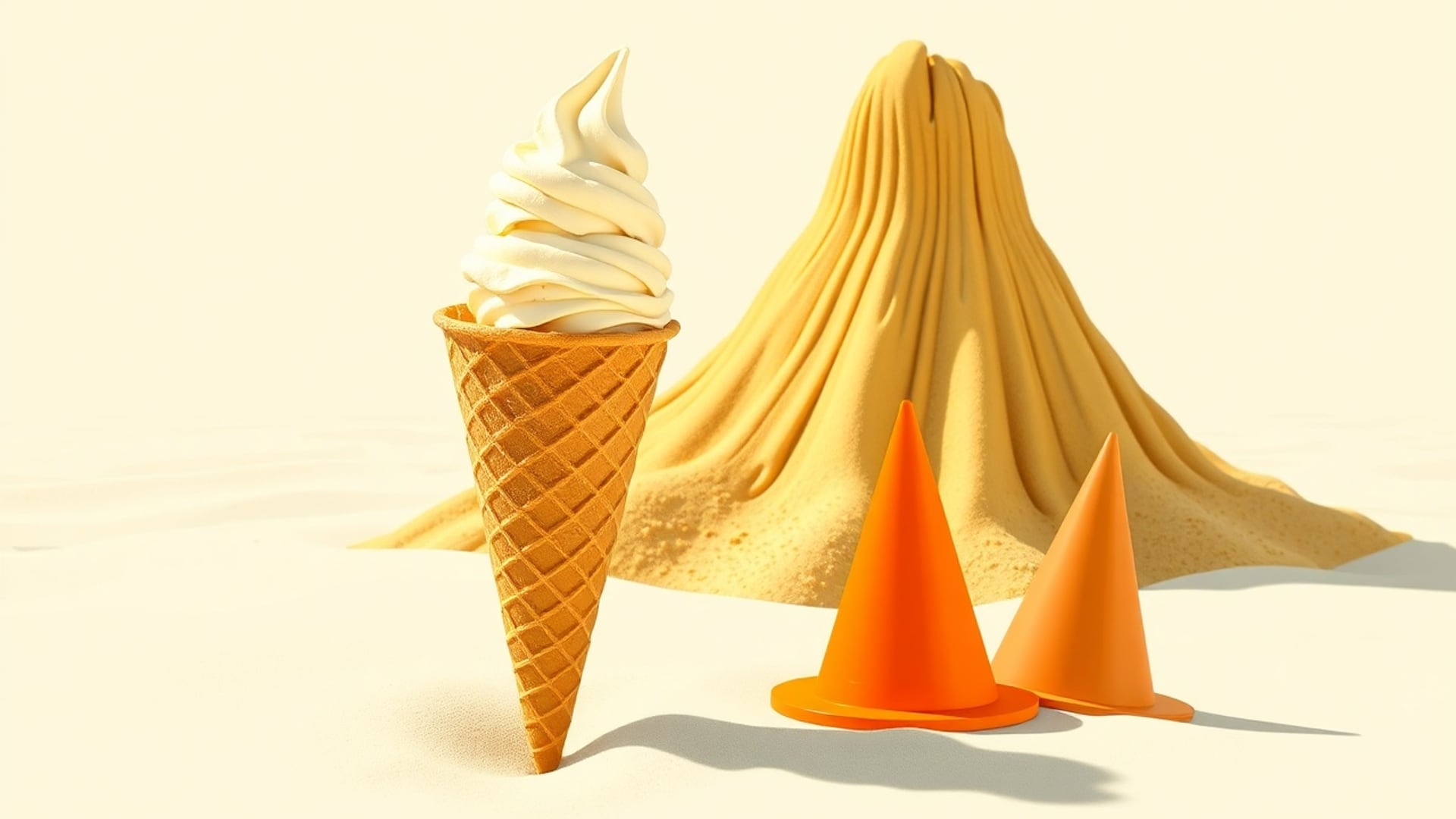 Illustration of a soft-serve ice cream cone, a tall pile of sand and two orange cones on pale sand