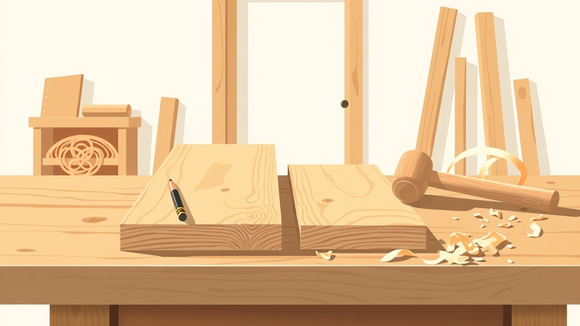 Illustration of a carpenter bench with two pine boards side by side, a pencil, a mallet and wood shavings