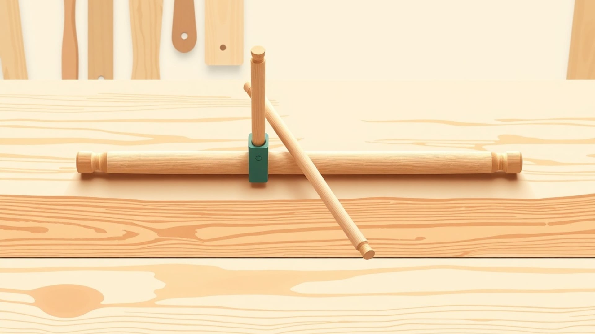 Illustration of two wooden dowels crossing on a workbench with a third standing upright where they meet