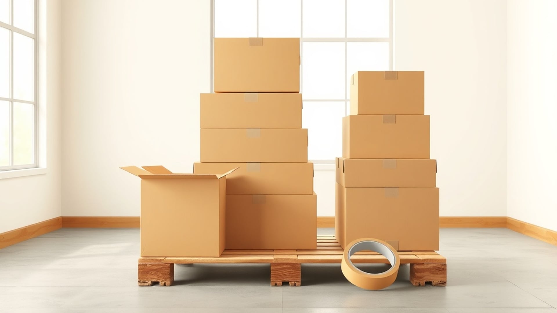 Illustration of plain cardboard boxes of several sizes stacked on a wooden pallet in a bright empty room