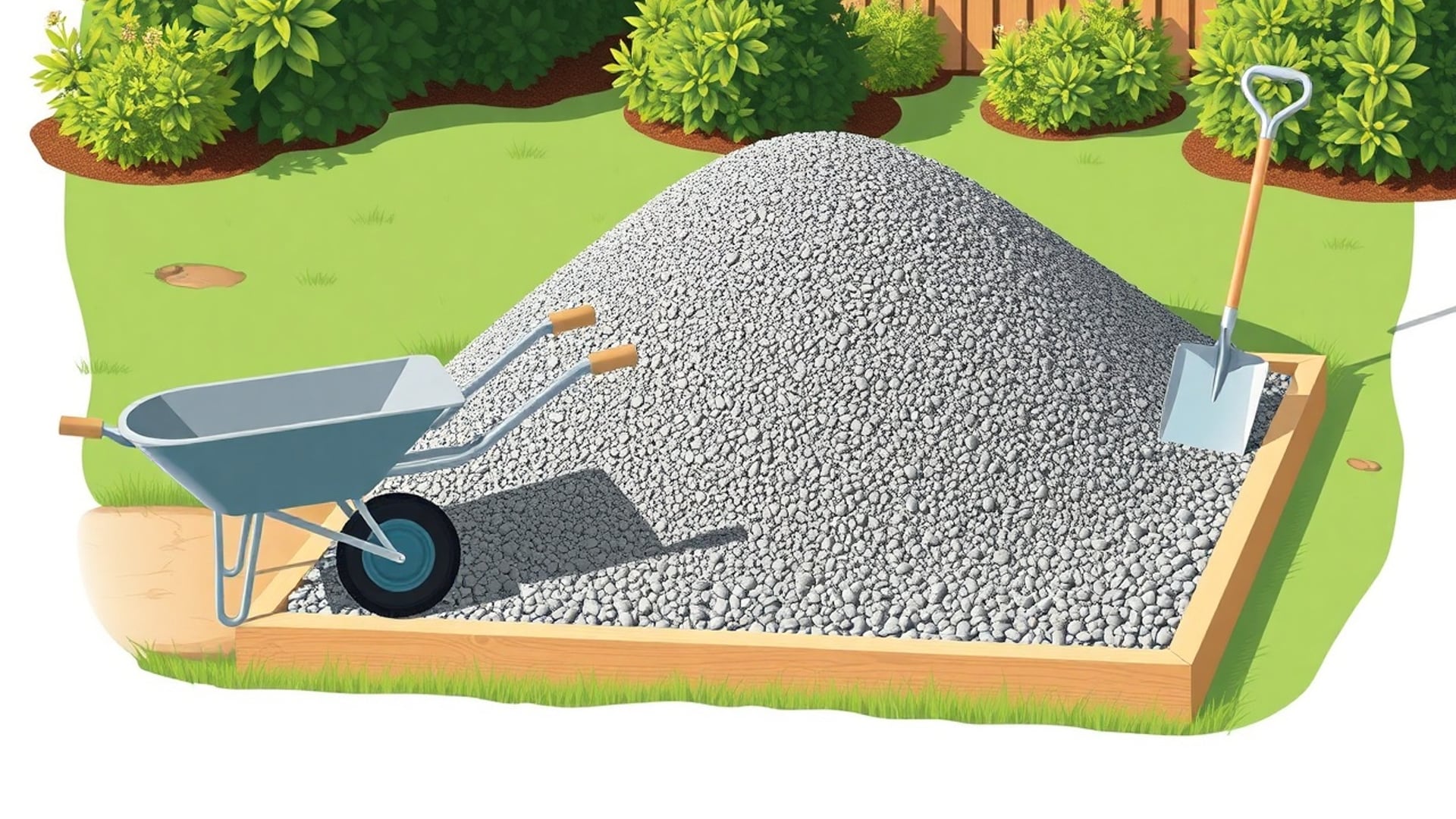 Illustration of a mound of grey gravel beside a wheelbarrow and shovel, next to a timber-edged bed being filled