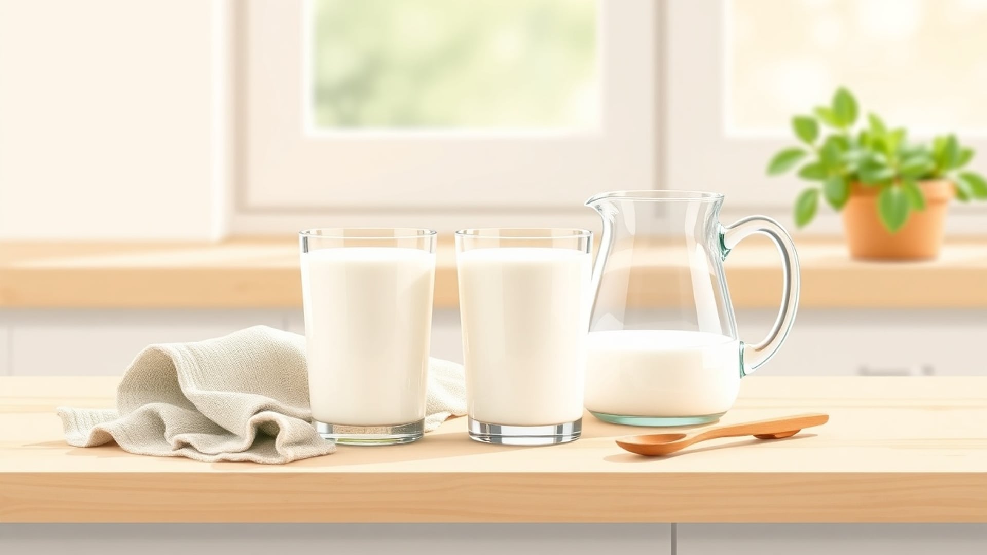 Illustration of two glass tumblers of milk and a glass jug on a wooden counter with a linen towel and wooden spoon
