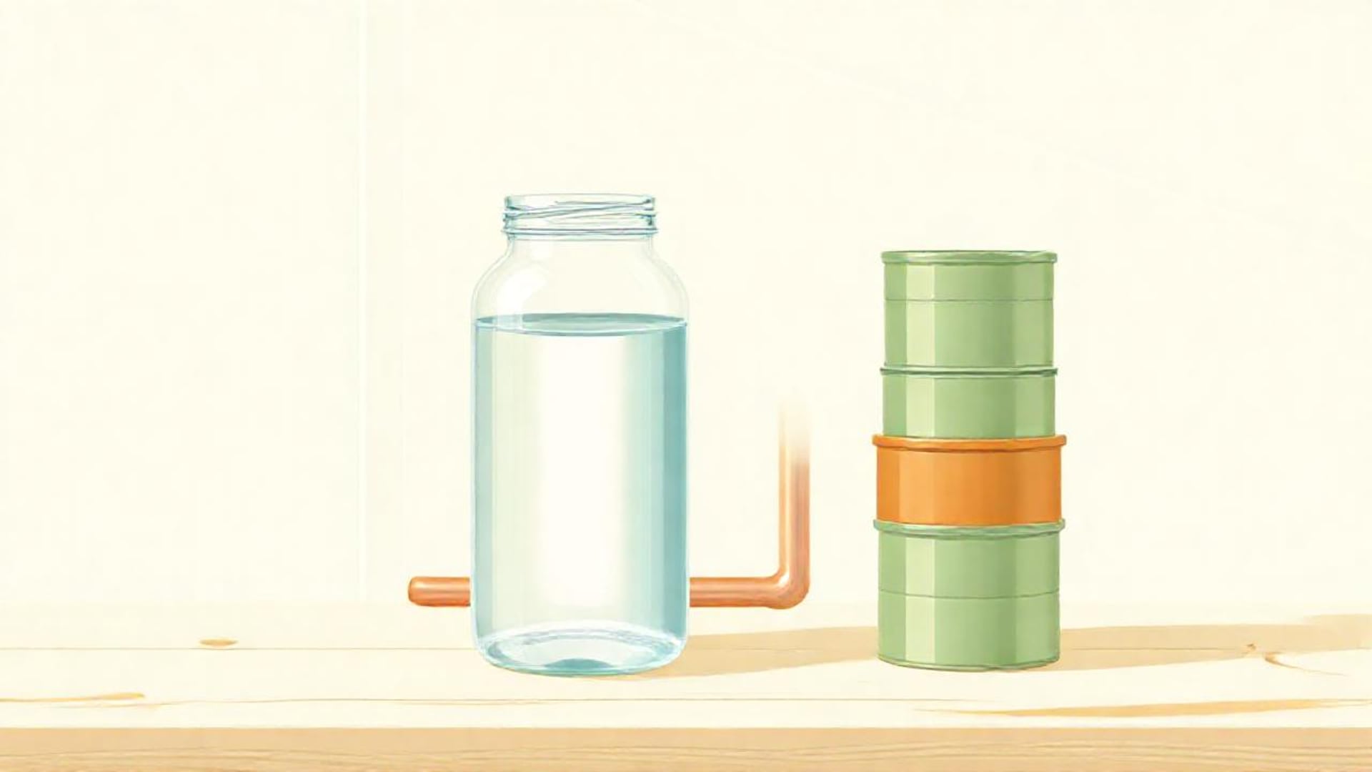 Illustration of a glass jar of water, a bent copper pipe and a stack of plain round cans on a pale shelf