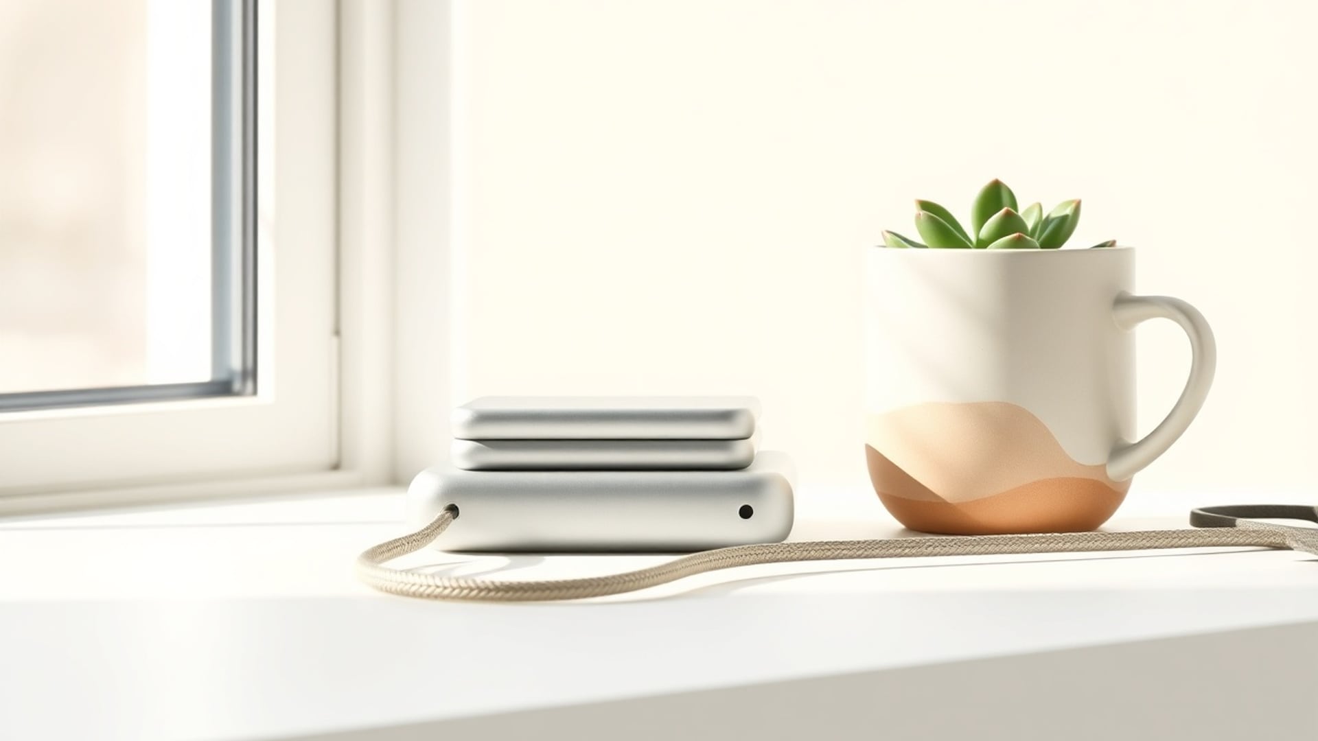 Illustration of slim external drives and a braided cable on a white desk beside a succulent and a mug
