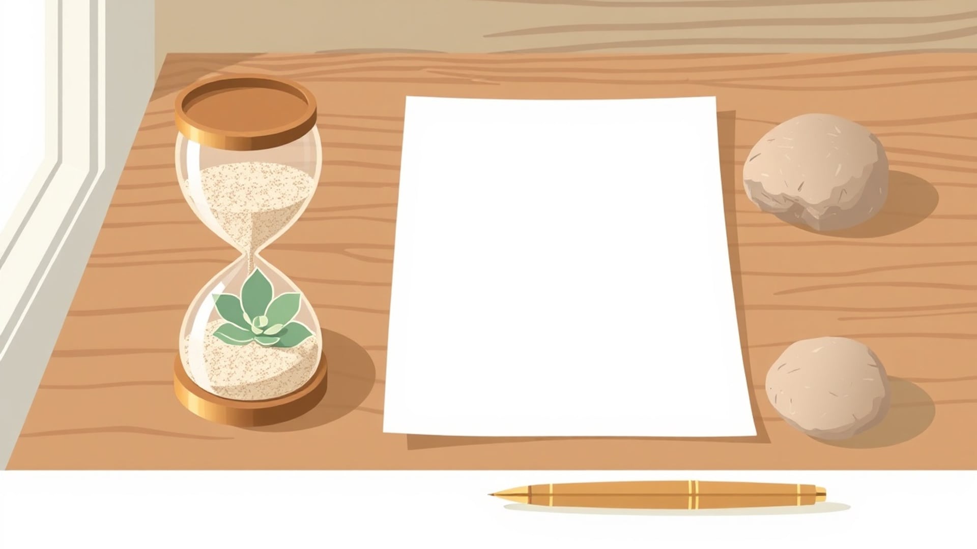 Illustration of an hourglass holding a succulent, a blank sheet of paper, two smooth stones and a pen on a wooden desk