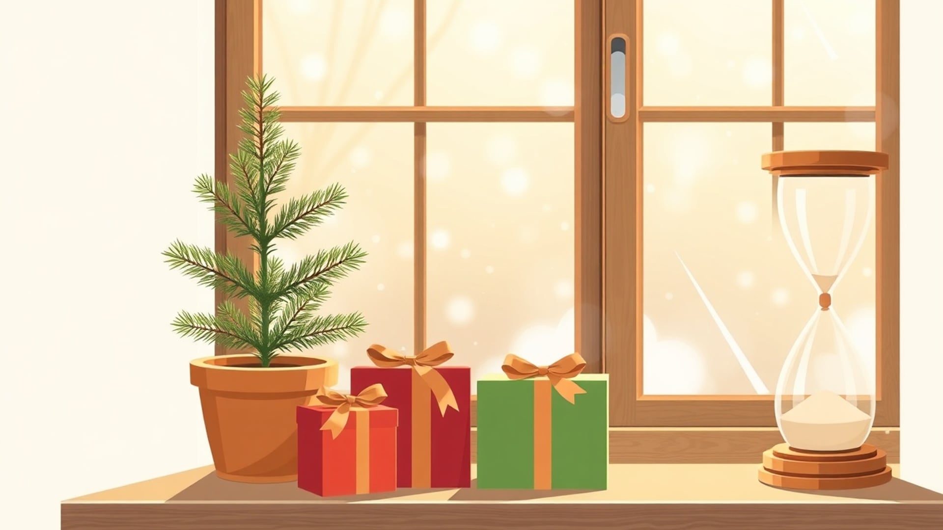 Illustration of a potted pine tree, wrapped red and green gift boxes and an hourglass on a sill by a snowy window