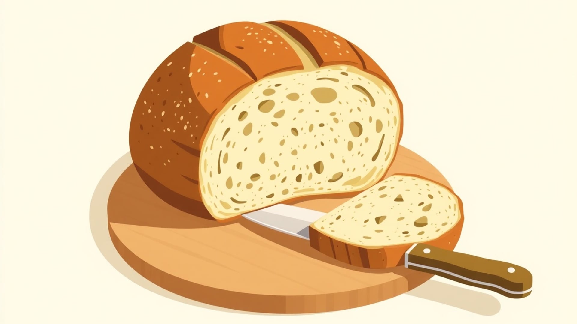 Illustration of a round loaf cut open on a wooden board, with one slice and a bread knife beside it