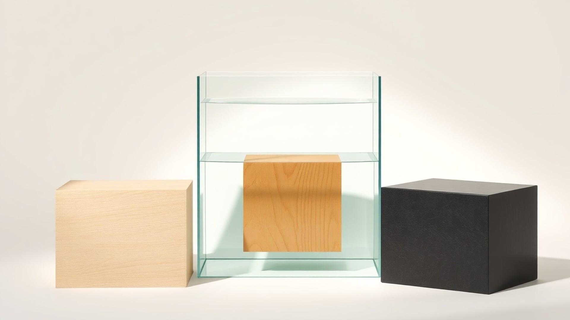 Illustration of a pale wooden cube, a wooden cube inside a glass tank of water and a dark metal cube in a row