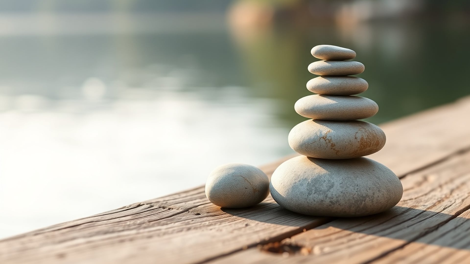 Illustration of a stack of river pebbles beside a single pebble on a wooden plank by a lake