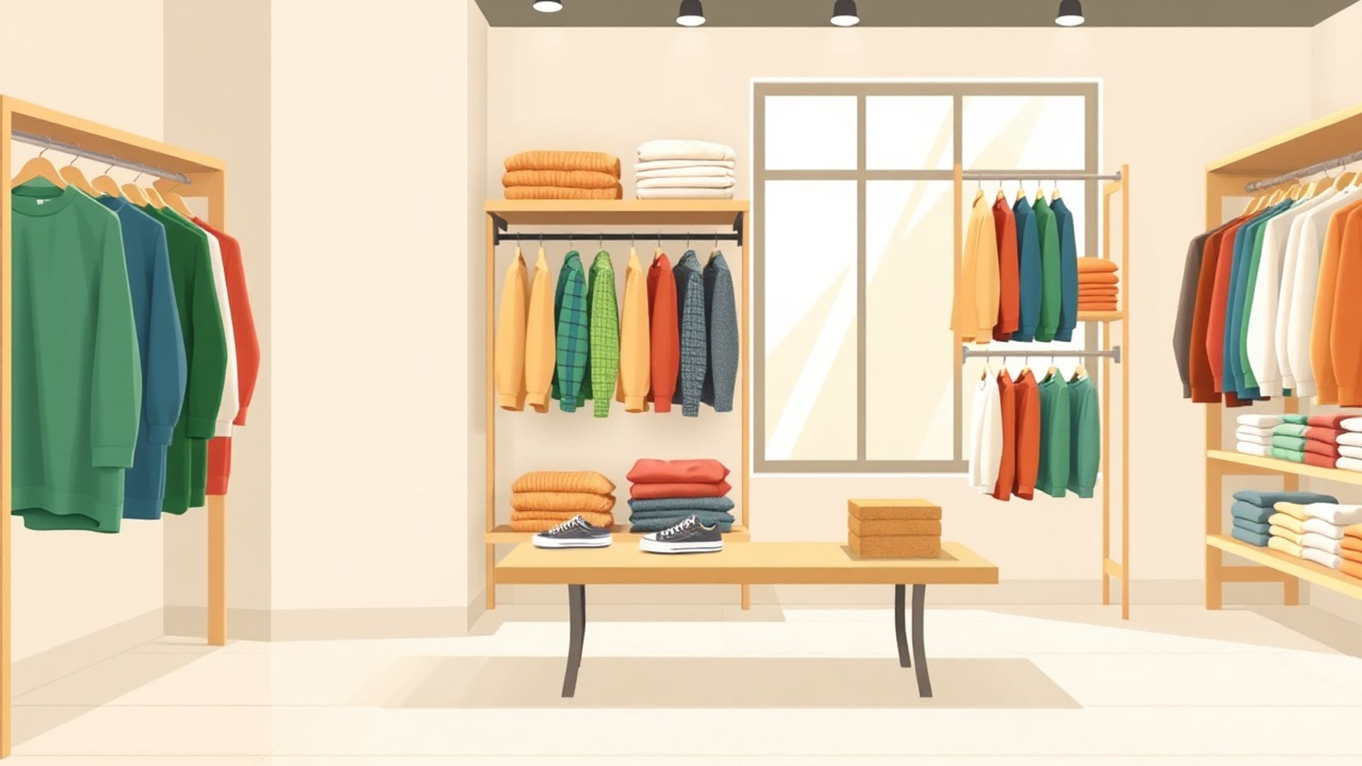 Illustration of a bright boutique with racks of colourful shirts, folded sweaters and sneakers on a low table