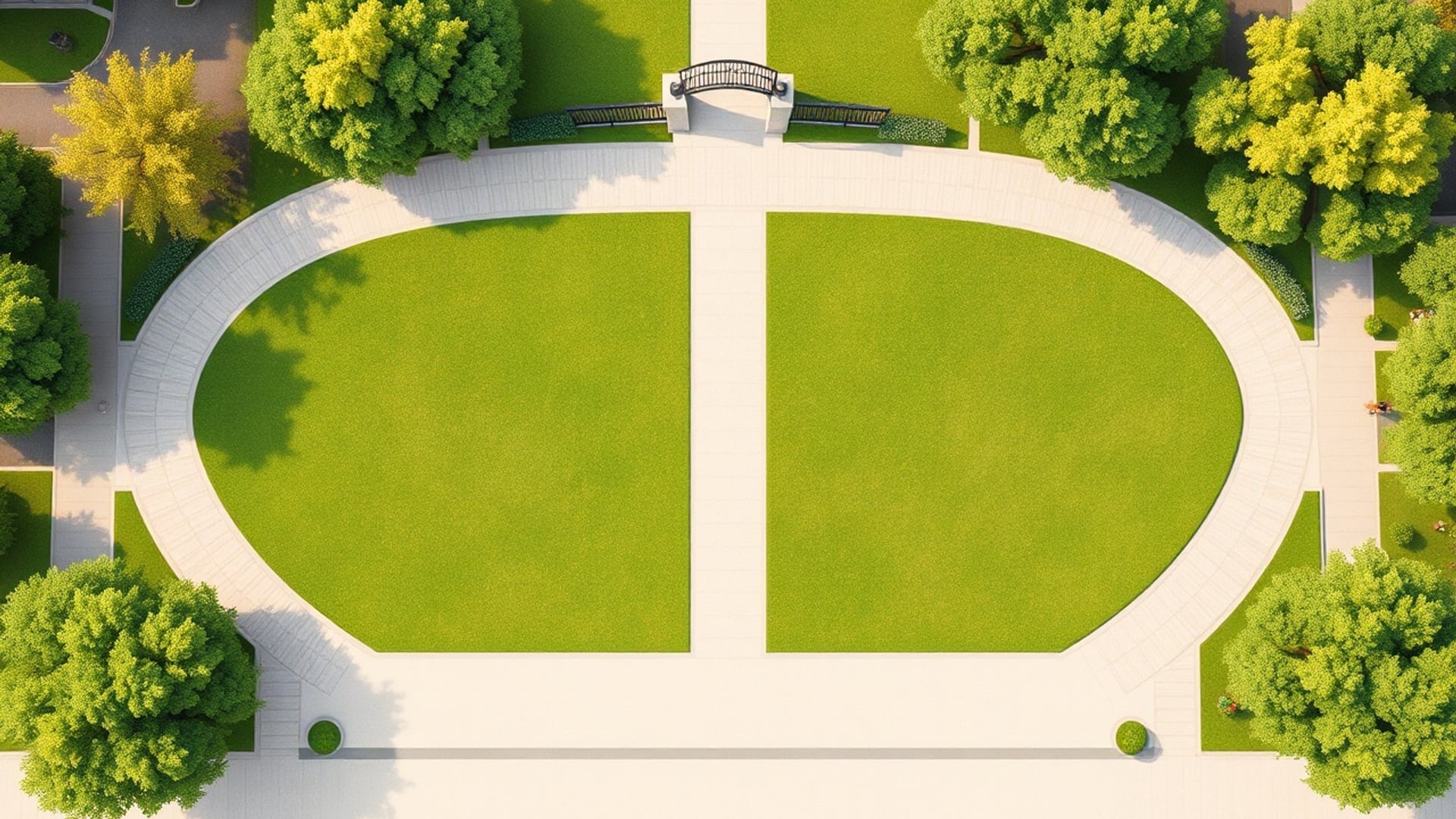 Illustration of a park seen from above, a straight path dividing the lawn and walkways curving around it