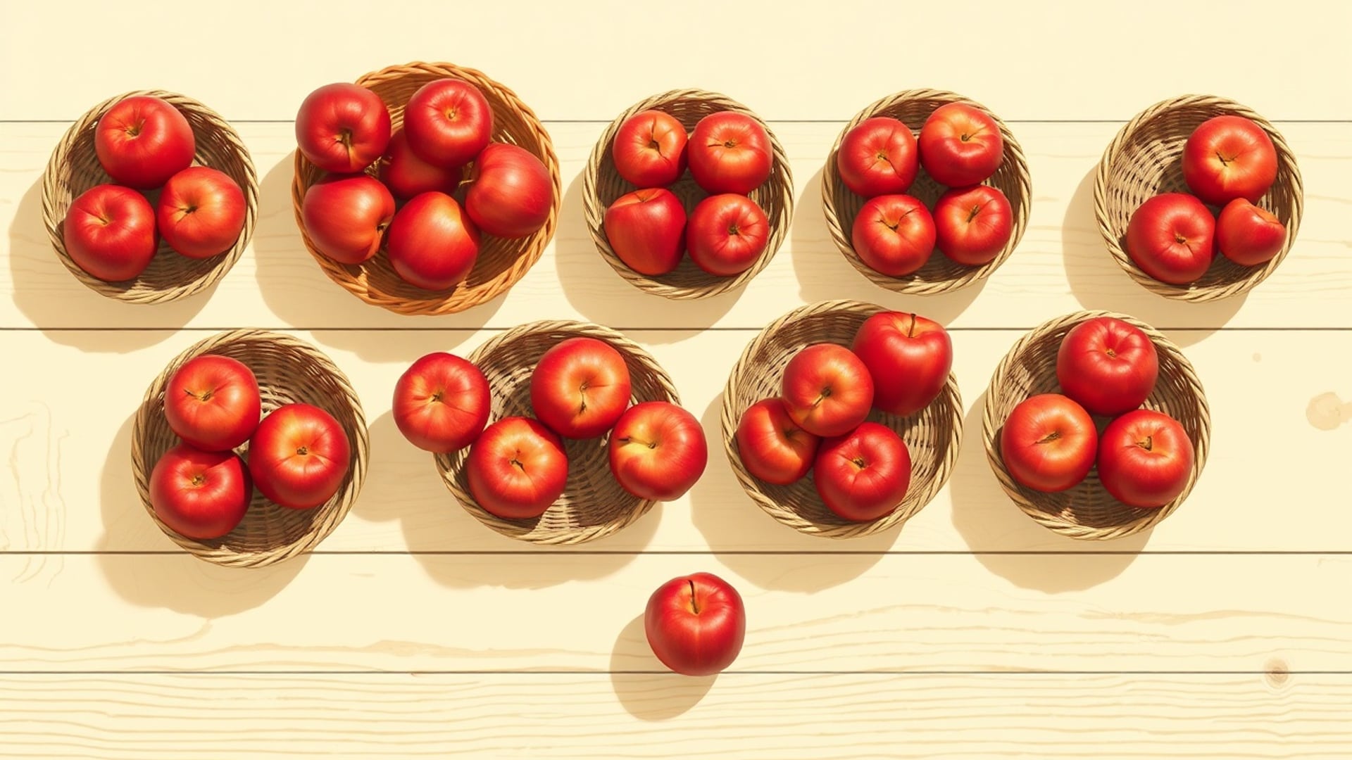 Illustration of red apples shared among woven baskets on a wooden table, with one apple left over