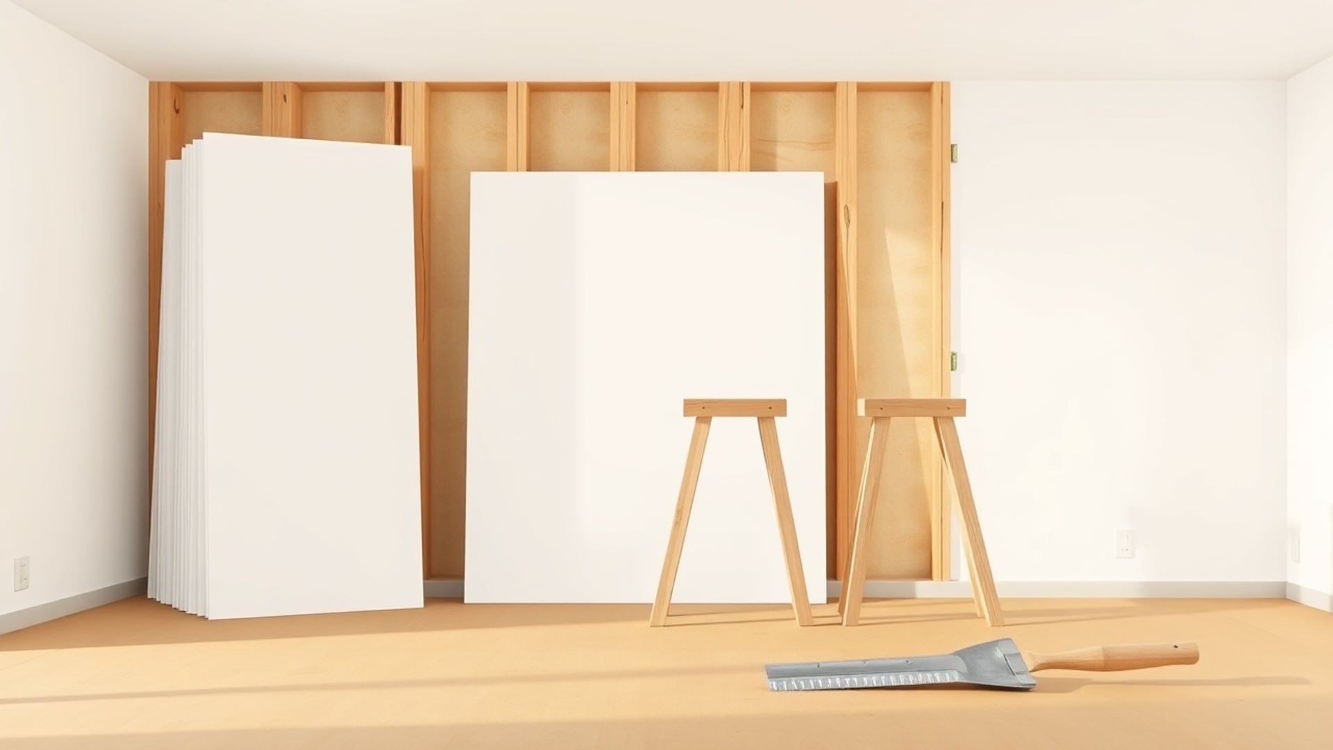 Illustration of a room being drywalled, with blank panels leaning on bare studs beside two sawhorses and a taping knife