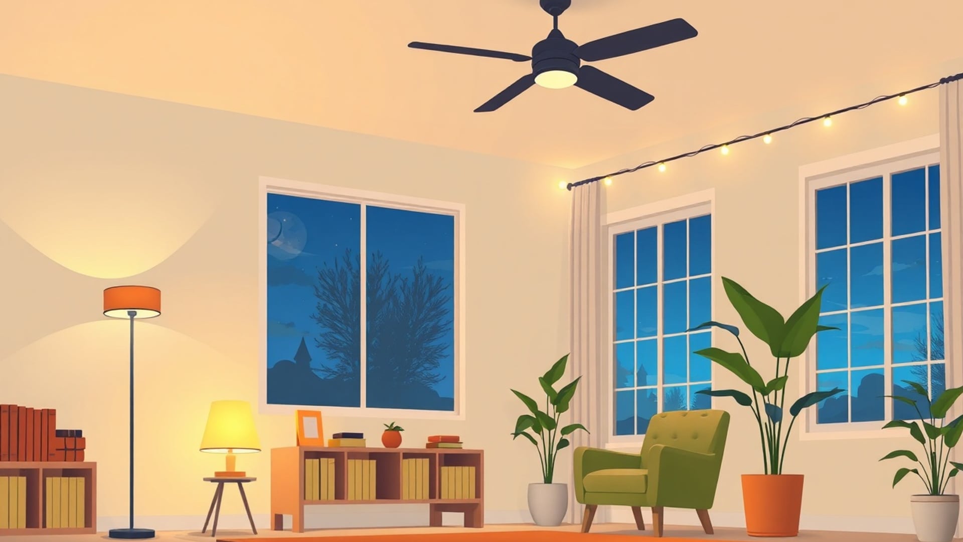 Illustration of a cosy living room at dusk lit by lamps and string lights, with an armchair, a ceiling fan and a houseplant