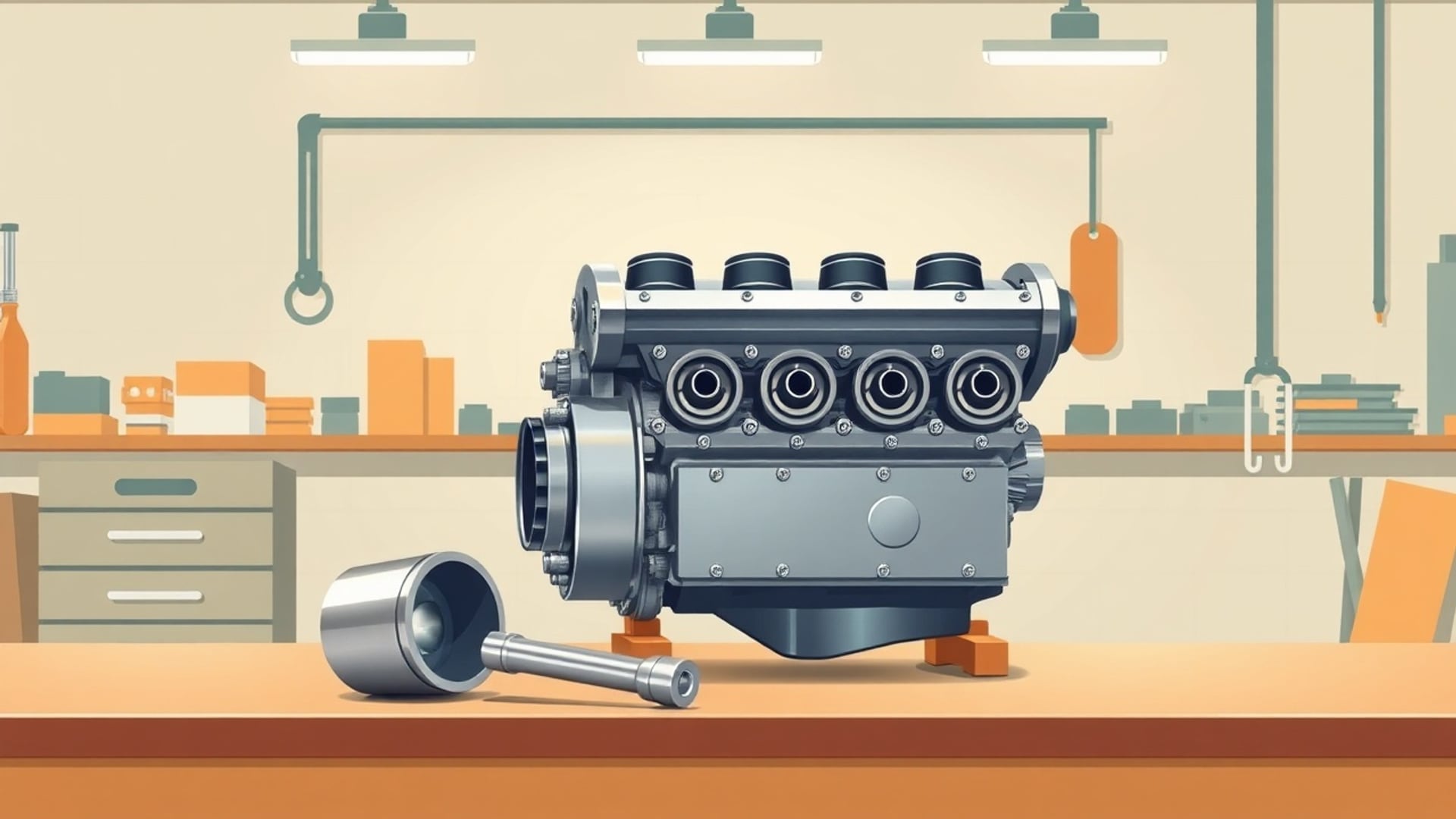 Illustration of an engine block on a workshop bench with a piston and connecting rod beside it