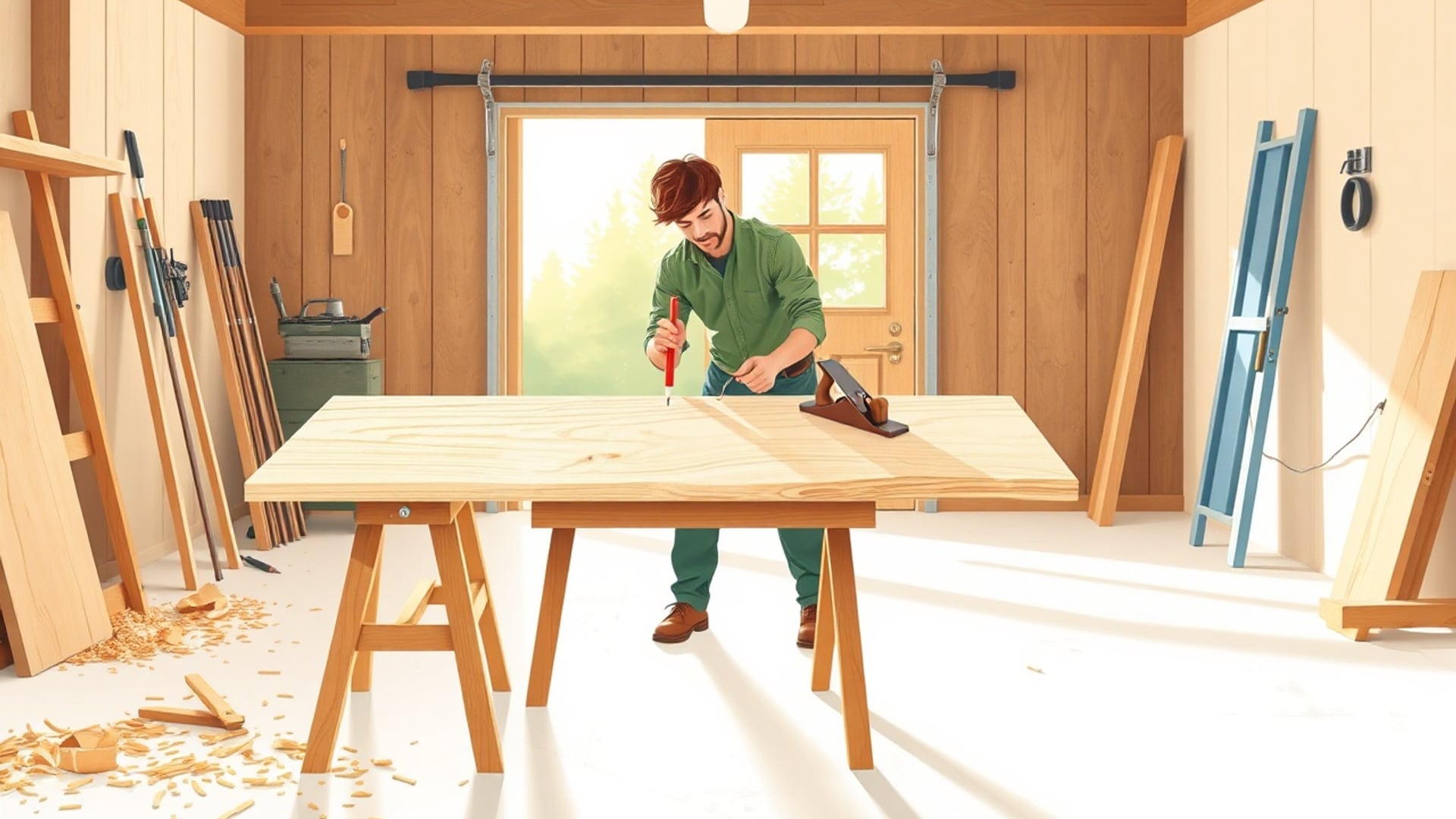 Illustration of a carpenter marking a pine plank on sawhorses in a bright garage, with a hand plane