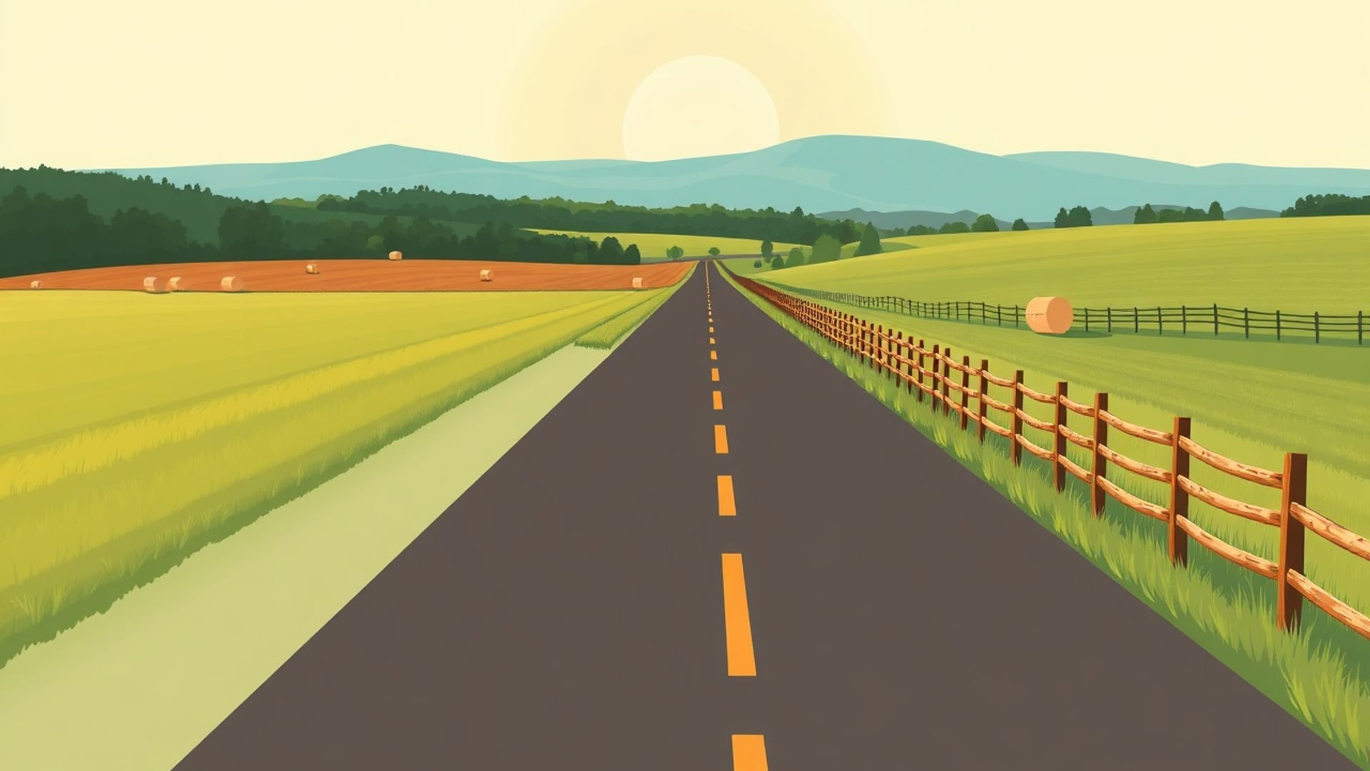 Illustration of a straight country road through green farmland toward low hills, with a fence and hay bales
