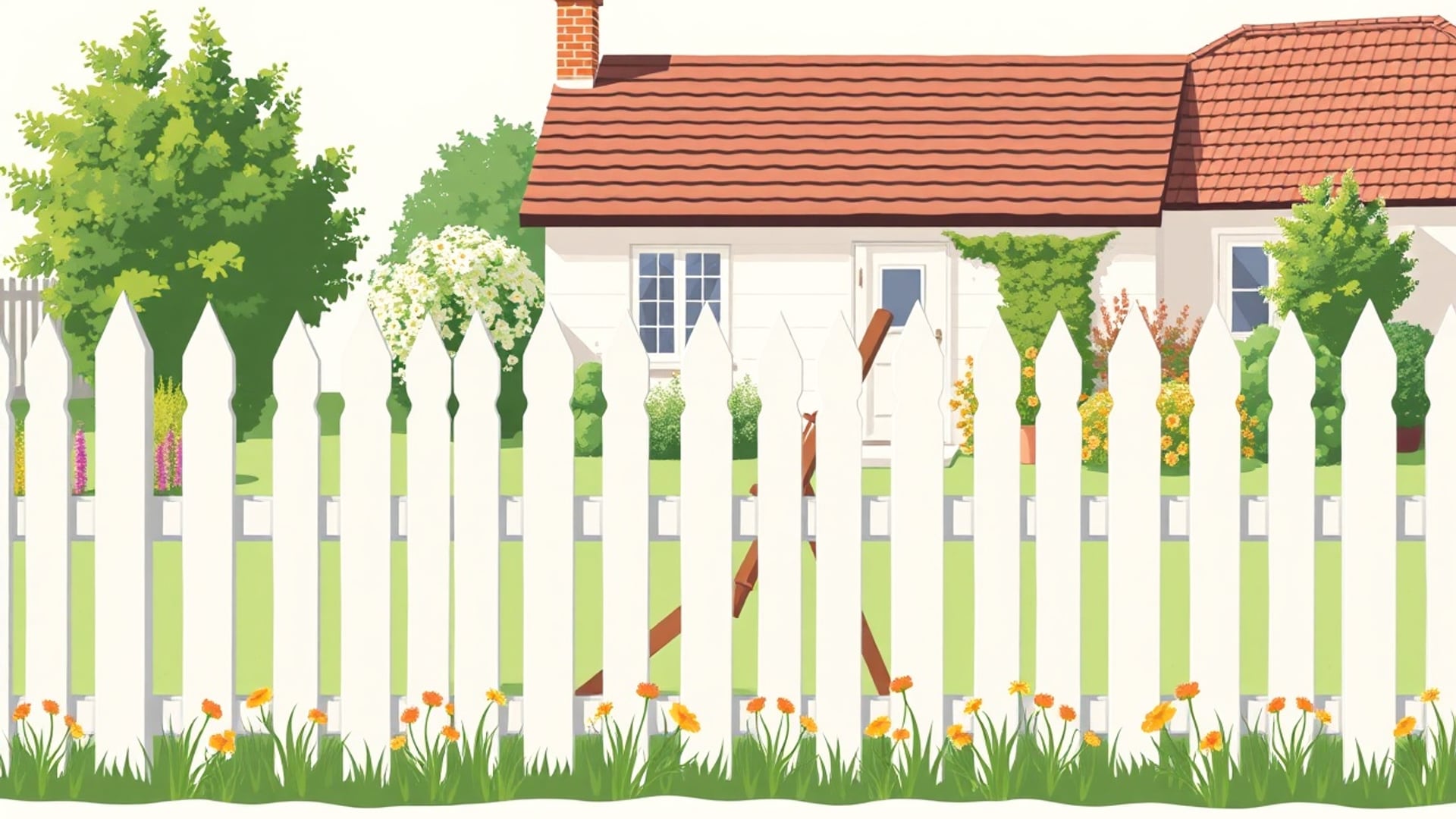 Illustration of a white pointed picket fence in front of a cottage garden with flowers along its base