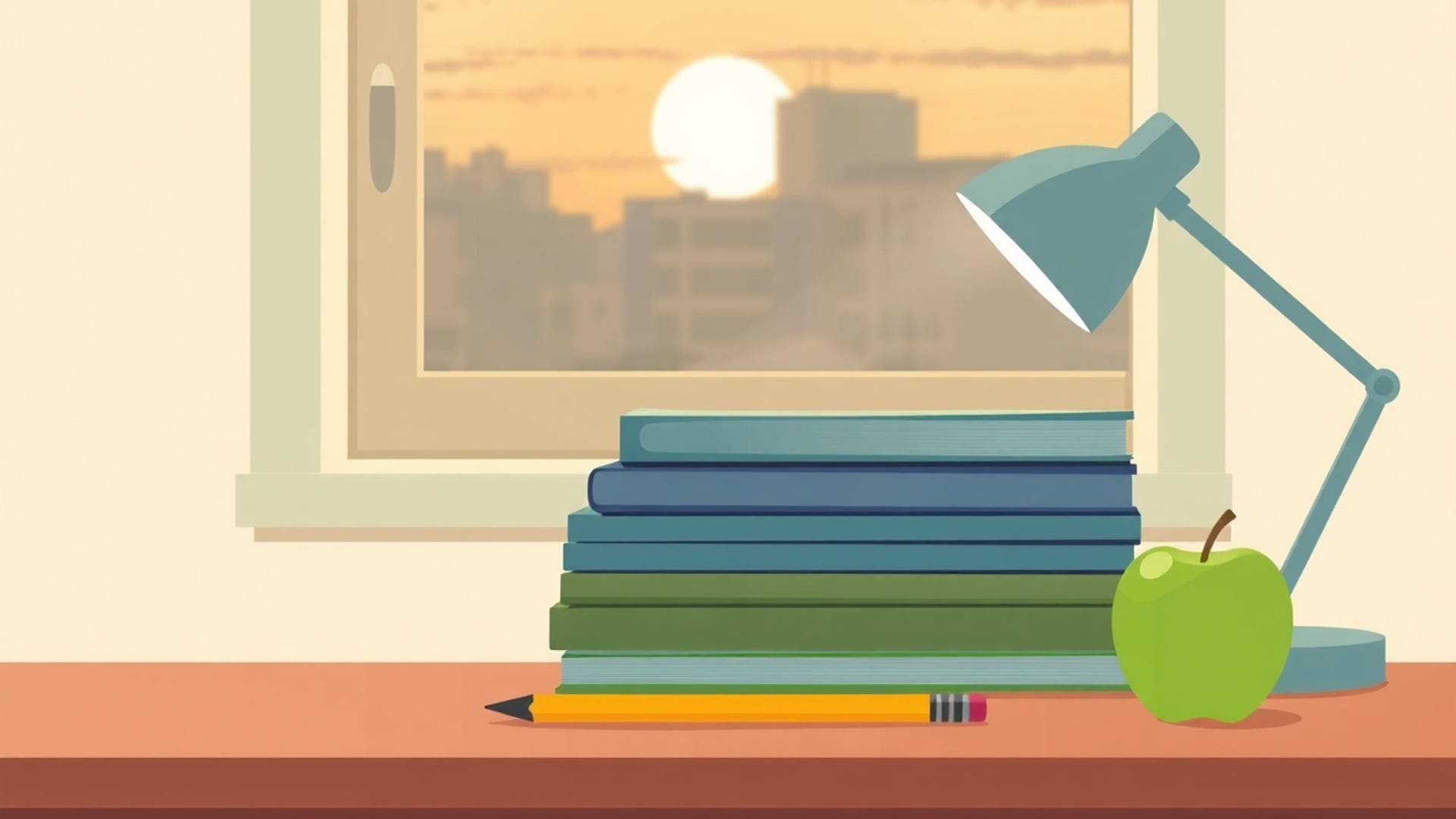 Illustration of a stack of plain books, a pencil, a green apple and a desk lamp by a window at sunset