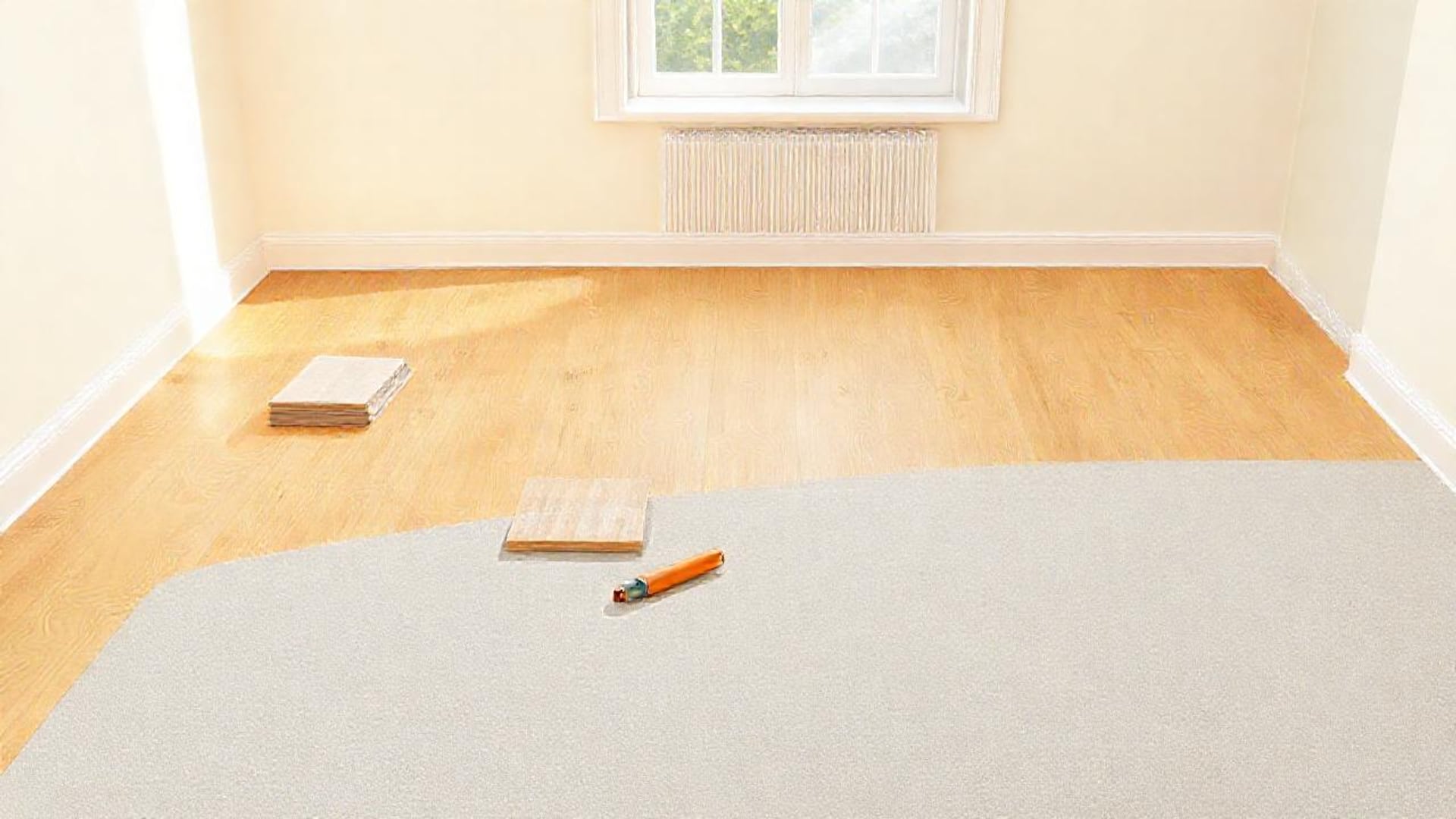 Illustration of a room floor half laid with oak planks over grey underlay, with two small stacks of planks and a pencil