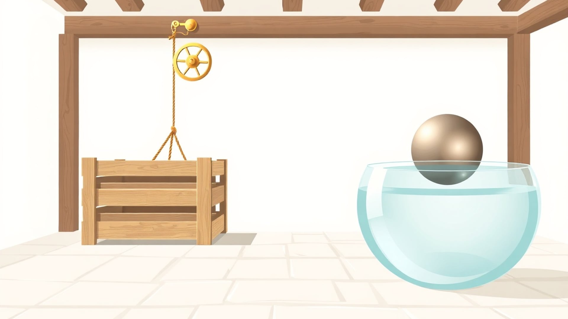 Illustration of a crate hanging from a pulley on a wooden beam beside a metal sphere floating in a glass bowl of water