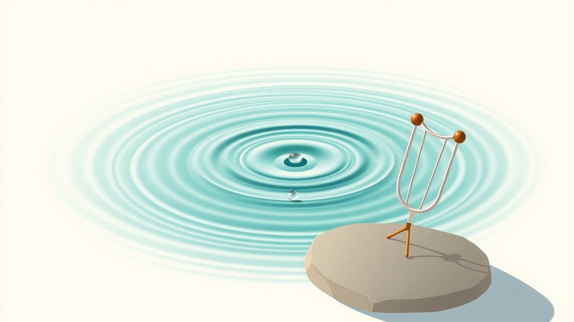 Illustration of ripples spreading across a pond from a droplet, with a tuning fork resting on a stone at the edge