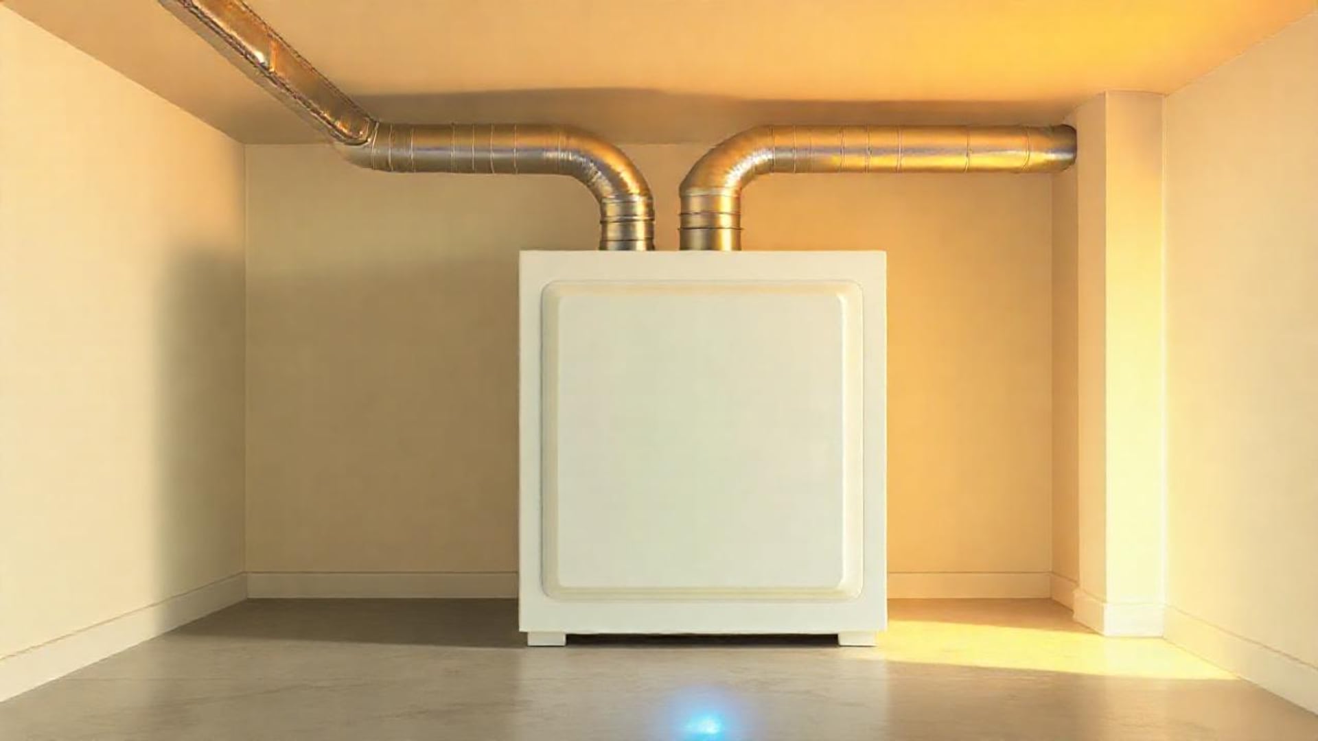 Illustration of a plain white furnace cabinet with two silver ducts rising to the ceiling of a warmly lit basement