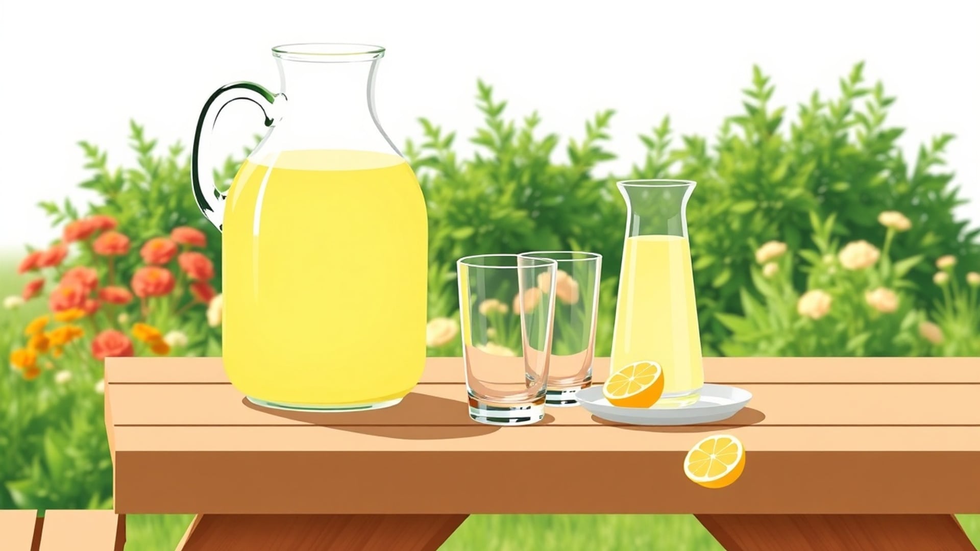 Illustration of a glass jug of lemonade, a carafe and two glasses on a picnic table with lemon slices