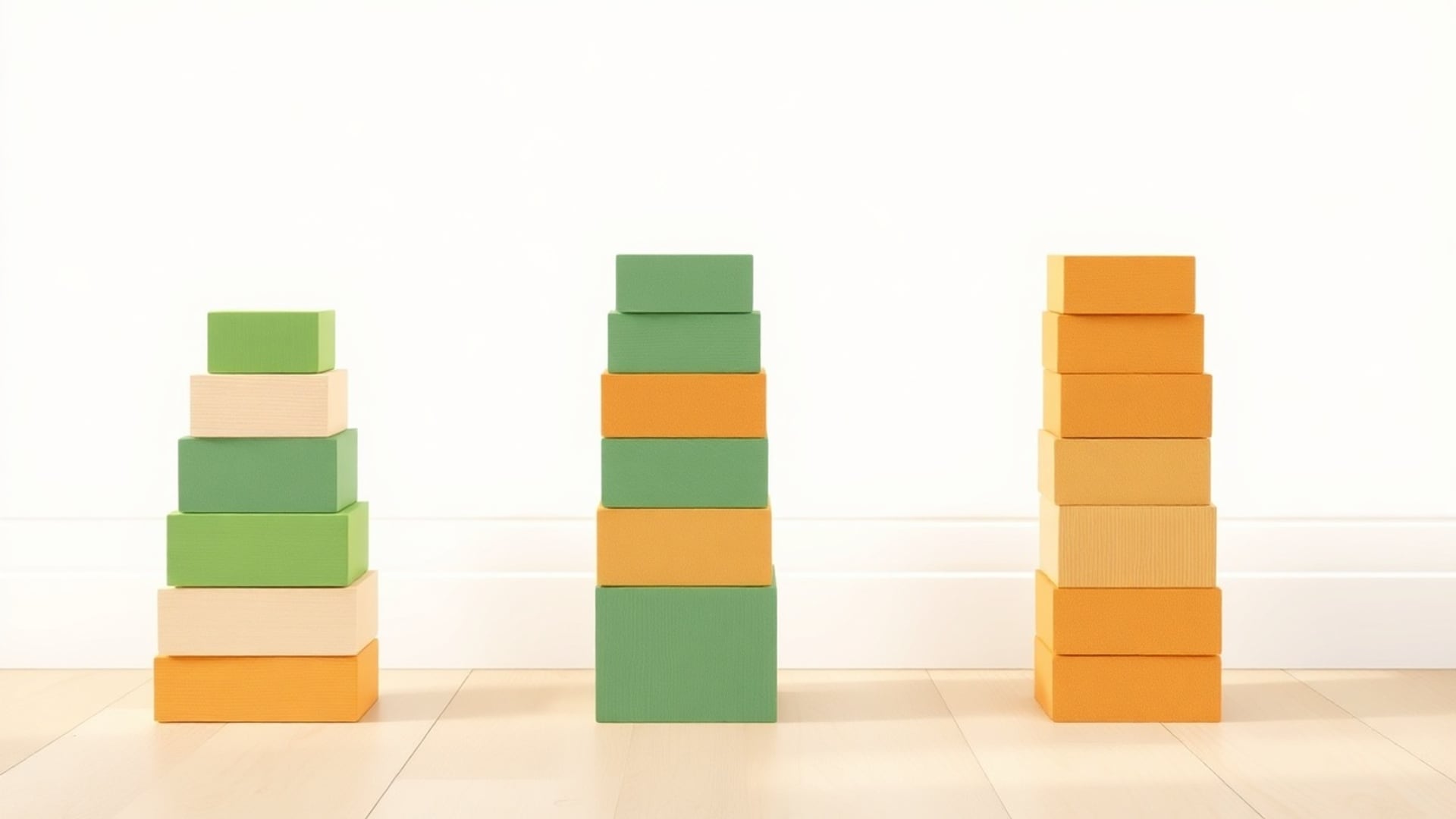 Illustration of three stacks of green, cream and orange wooden blocks of different heights on a wooden floor