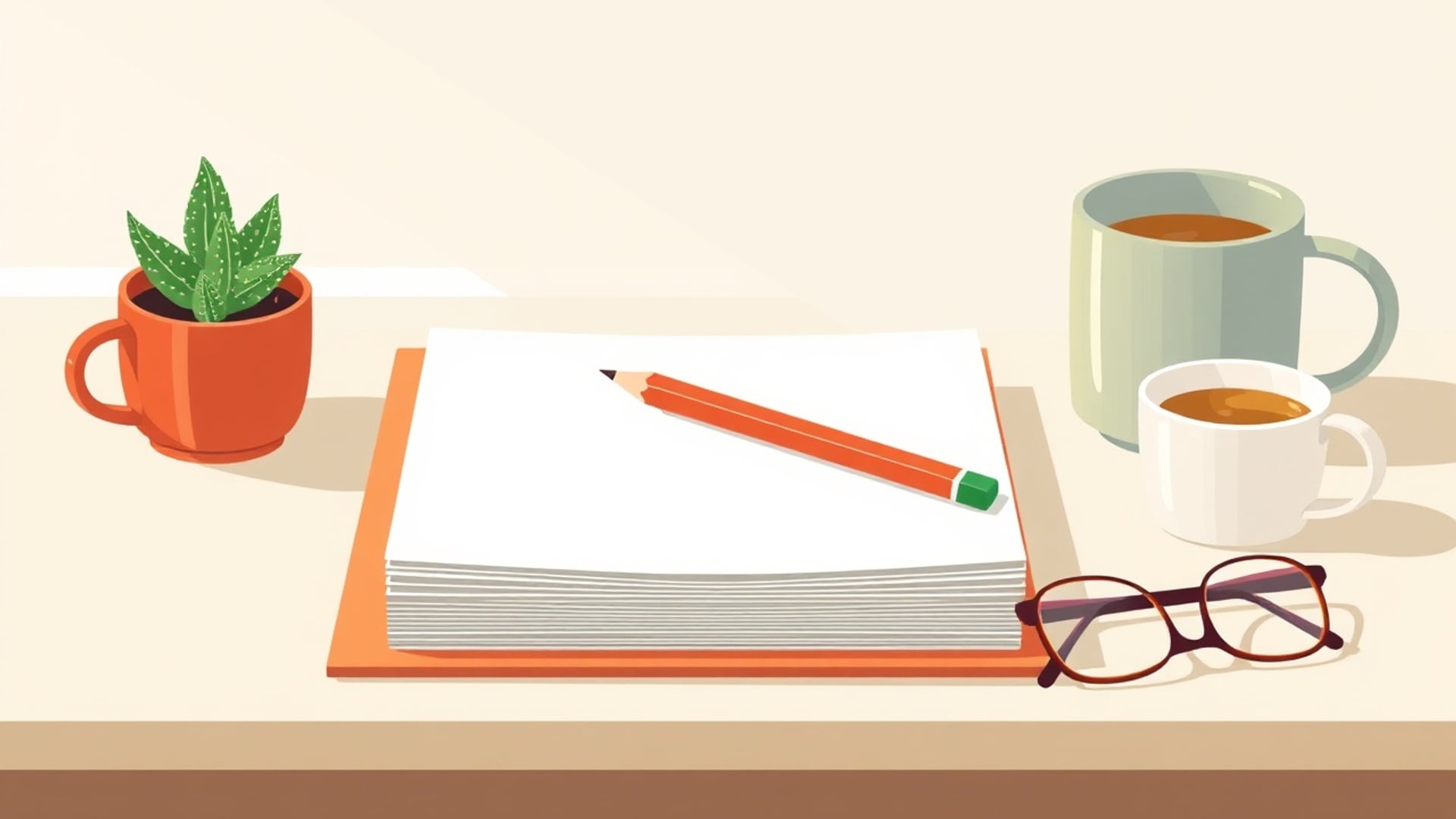 Illustration of a red pencil on a stack of blank paper beside a potted succulent, two mugs of tea and reading glasses